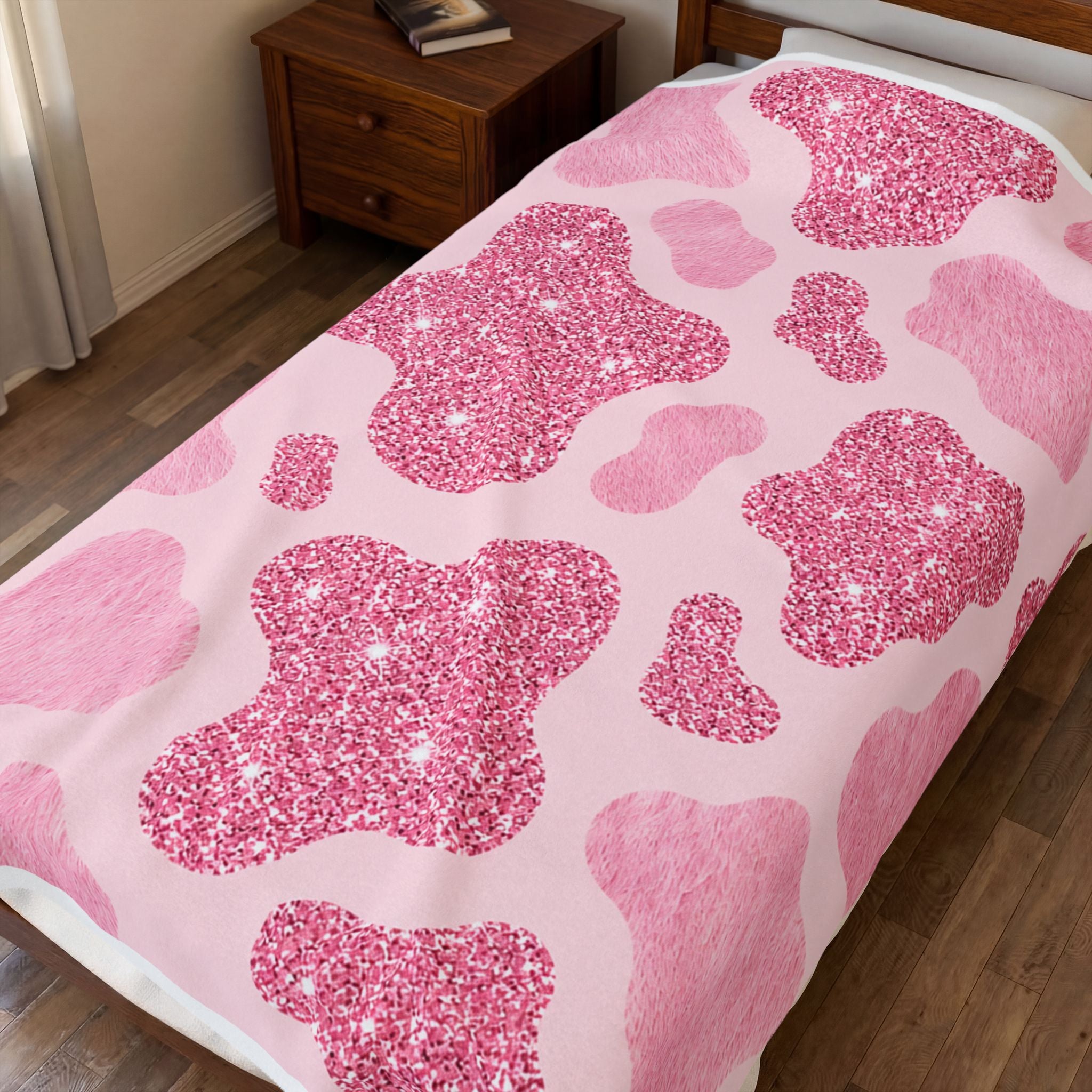 Pink Glitter Cow Print Velveteen Plush Blanket