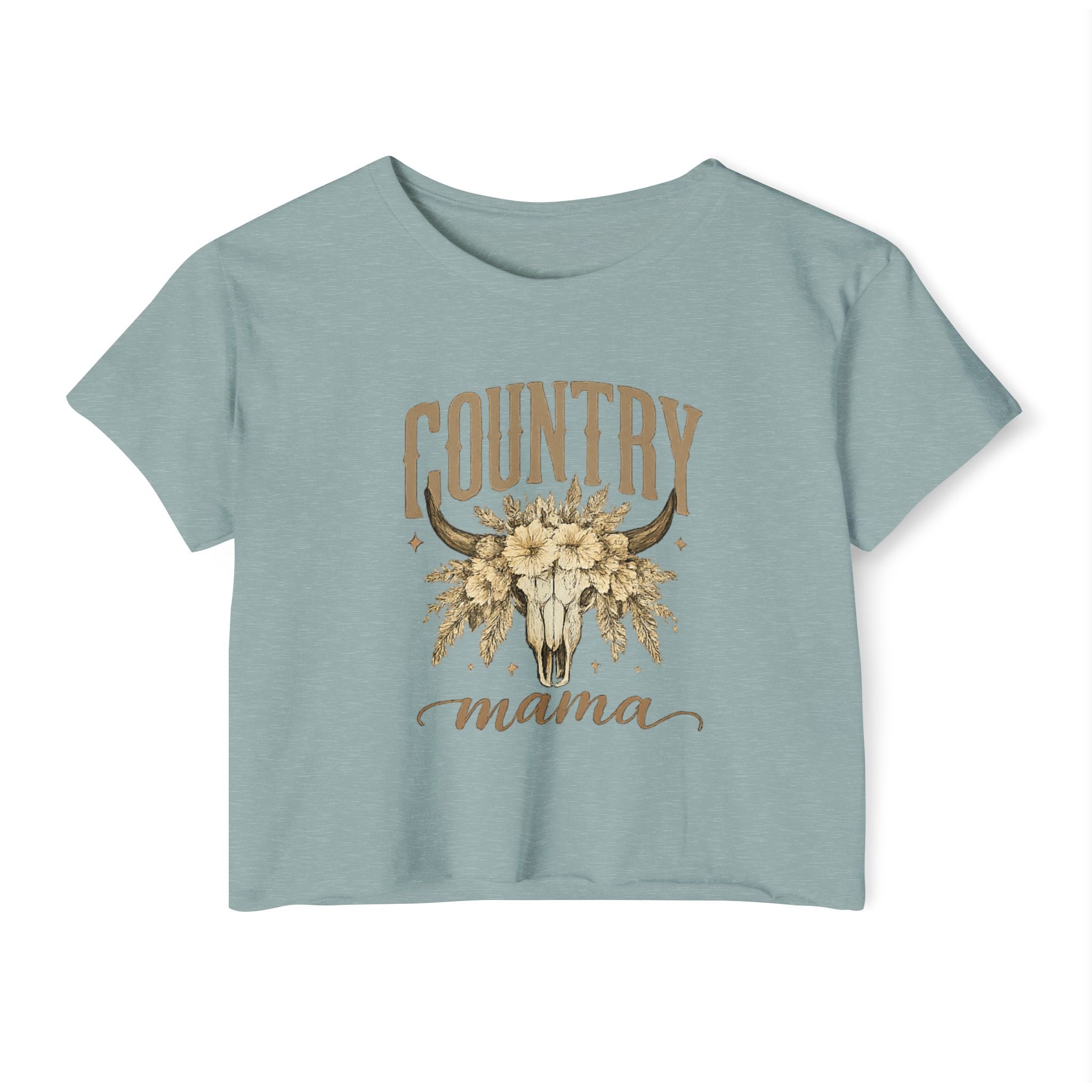 Country Mama Crop Top — Floral Bull Skull Festival Tee for Moms
