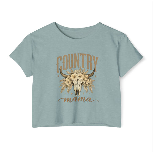 Country Mama Crop Top — Floral Bull Skull Festival Tee for Moms