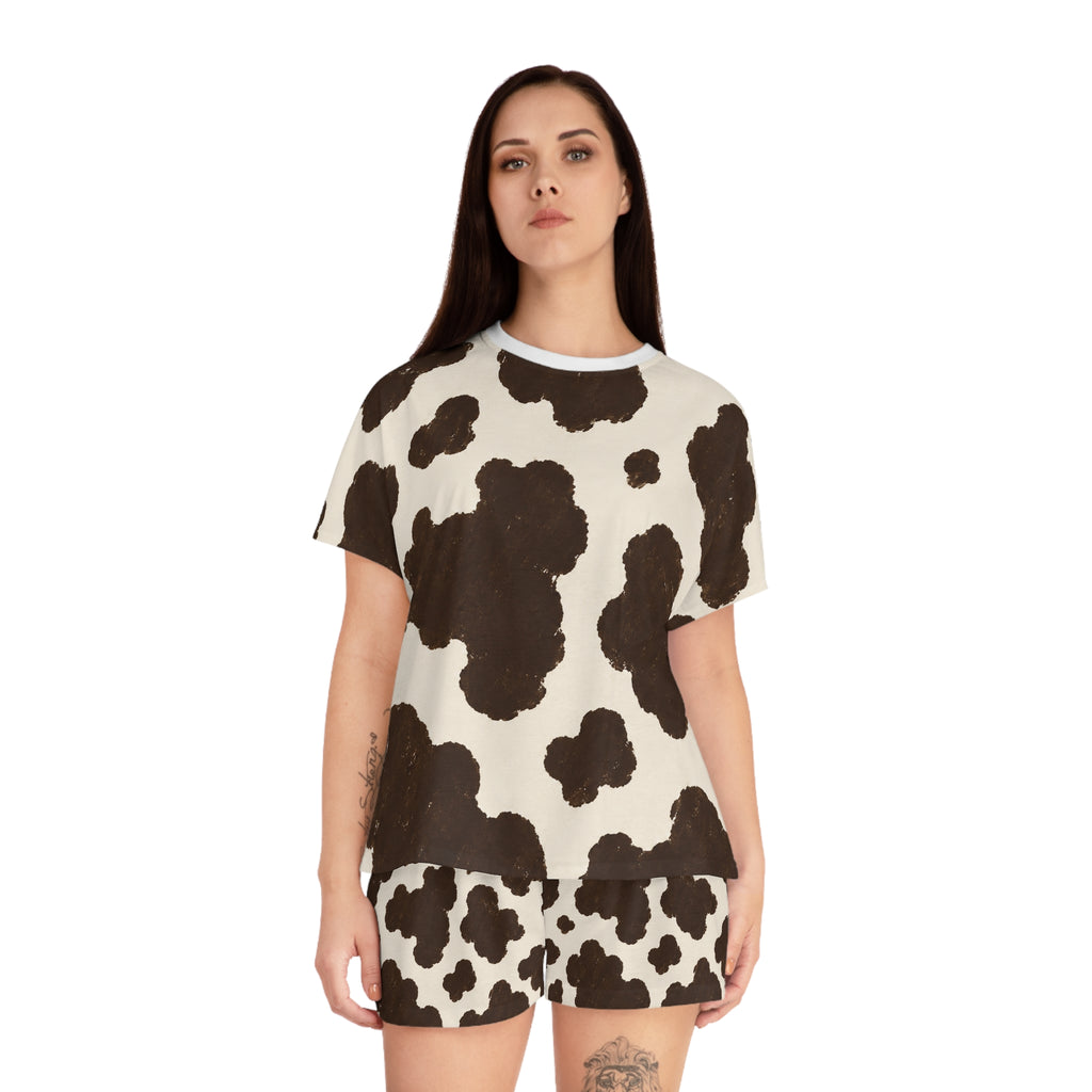 Cow Print Women's Short Pajama Set — Brown Spot All-Over Print Sleepwear