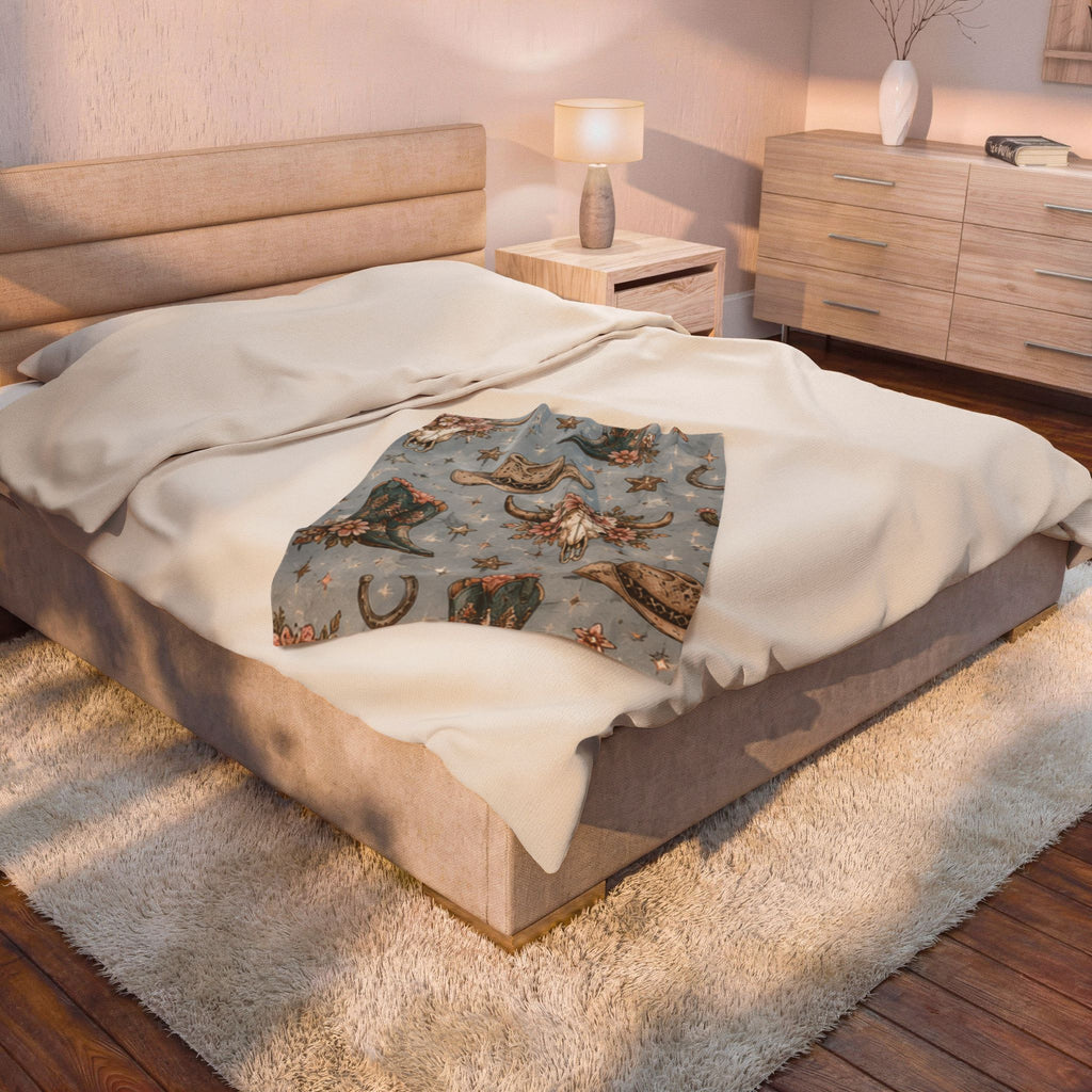 Western Floral Cow Skull Velveteen Plush Blanket — Cowboy Hat & Boots Pattern