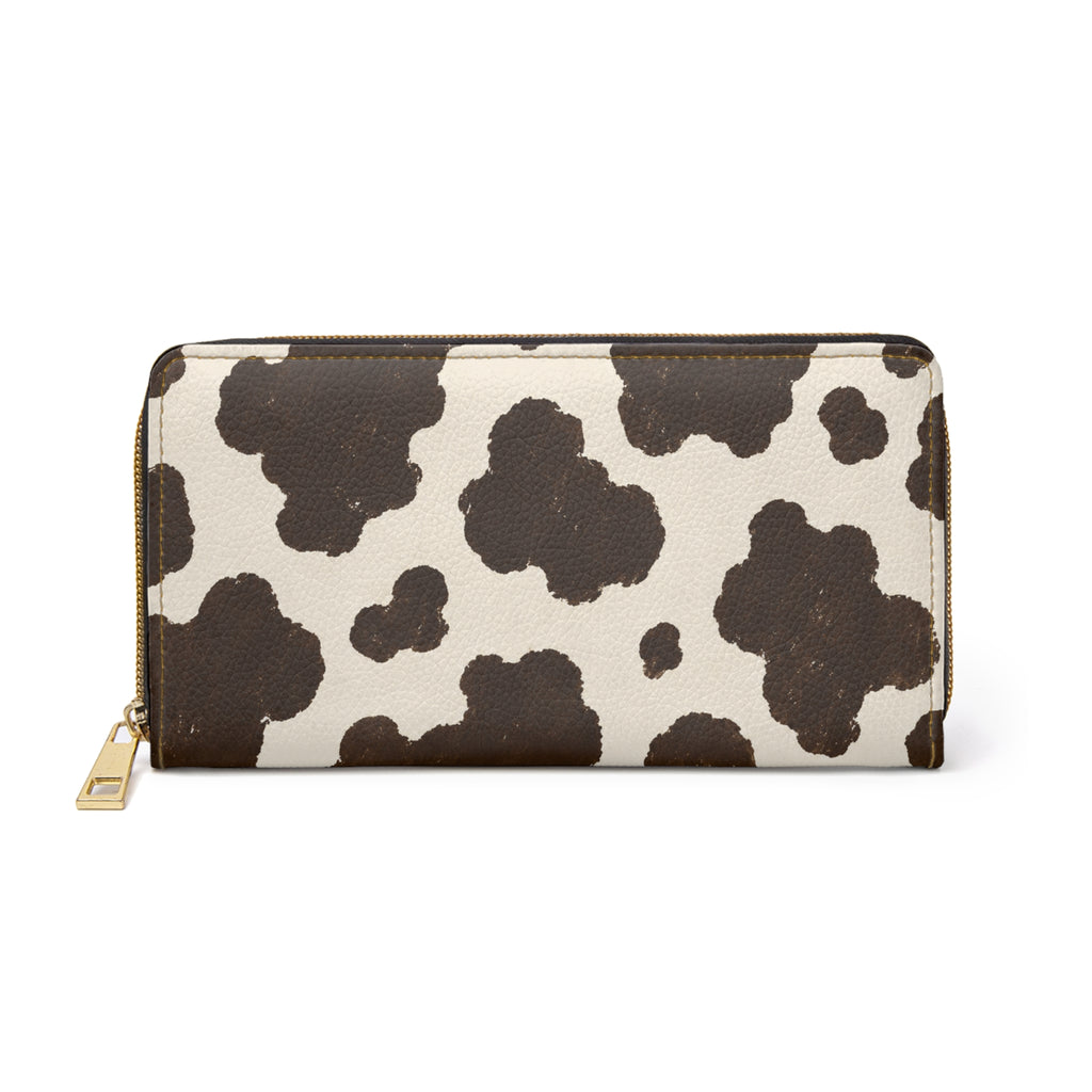 Cow Print Zipper Wallet — Stylish Zip-Around Wallet with Brown & White Cowhide Pattern