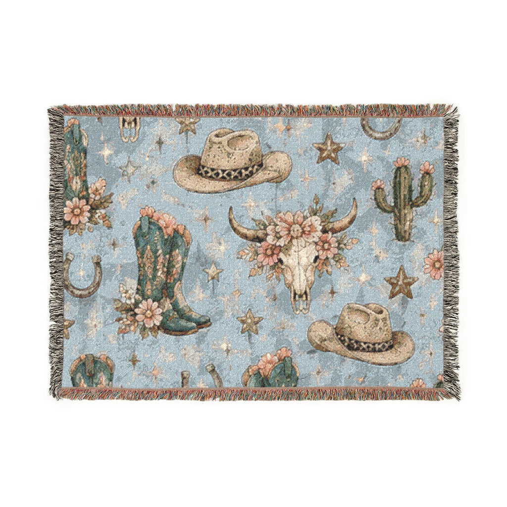 Cowboy Western Woven Blanket – Southwestern Boots, Cactus & Skull Throw