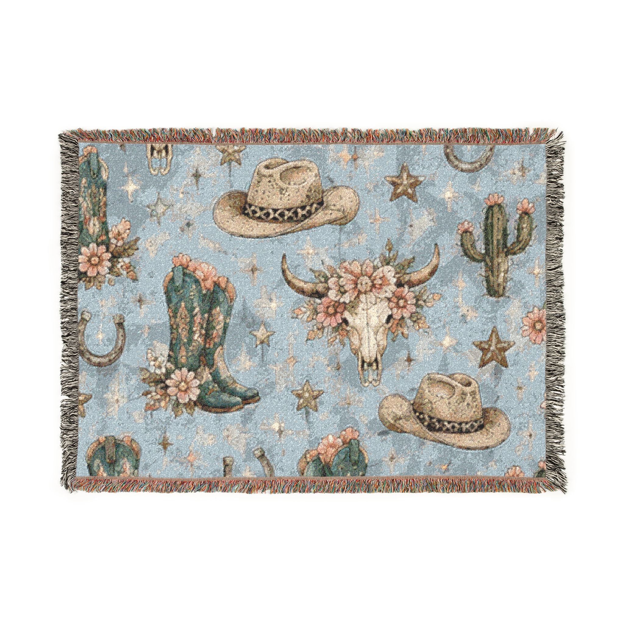 Cowboy Western Woven Blanket – Southwestern Boots, Cactus & Skull Throw