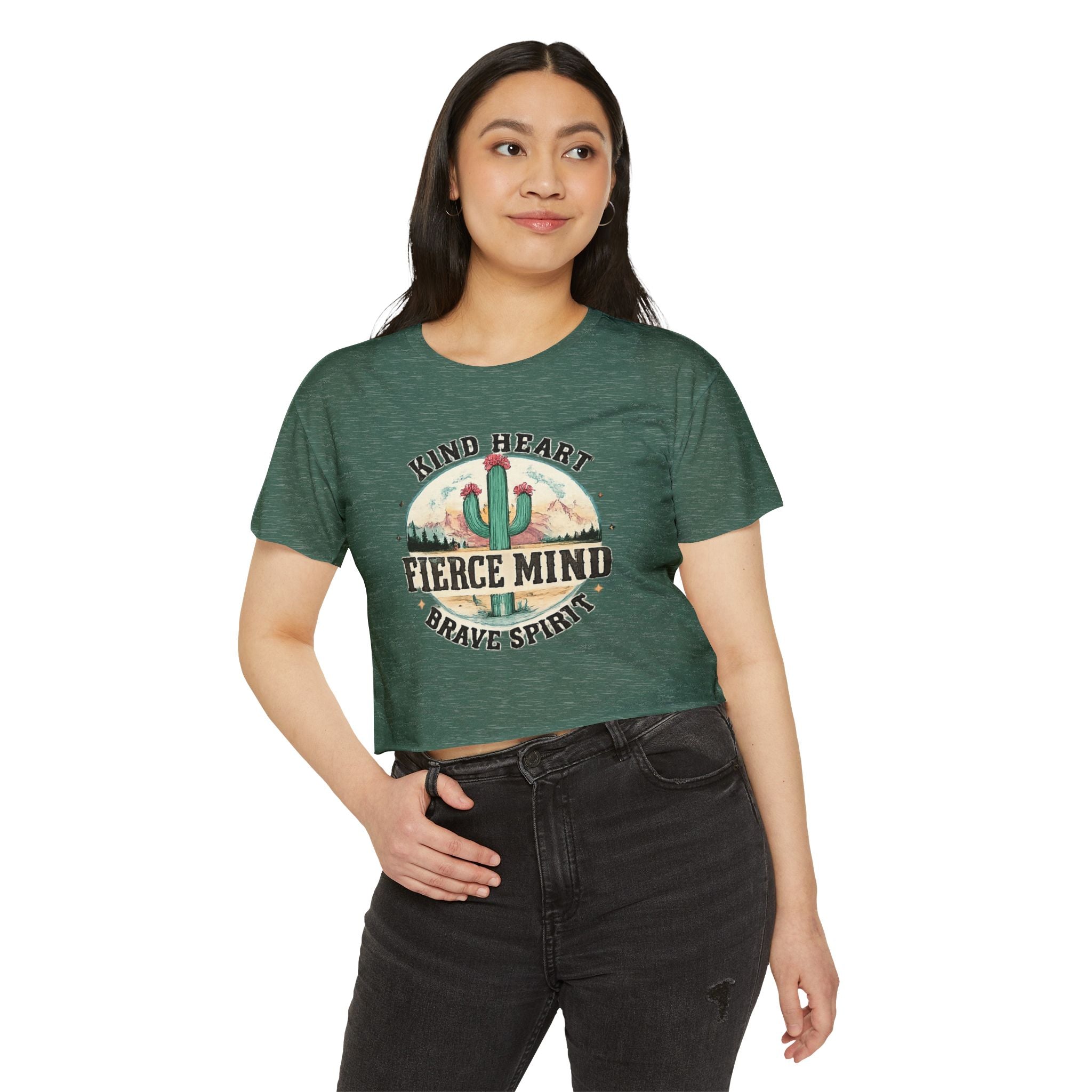 Women's Festival Crop Top — "Kind Heart, Fierce Mind" Cactus Graphic Crop Tee