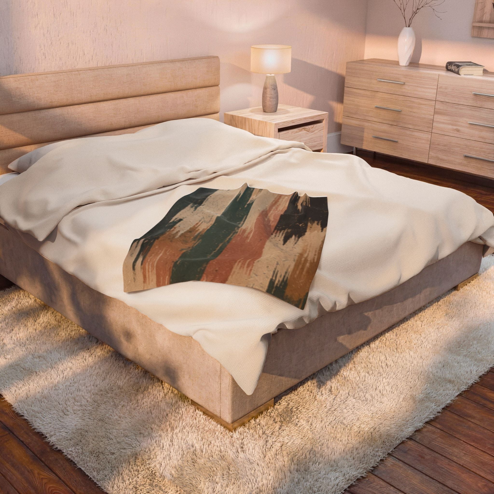 Rustic Striped Velveteen Plush Blanket — Vintage Earth Tones Cozy Throw