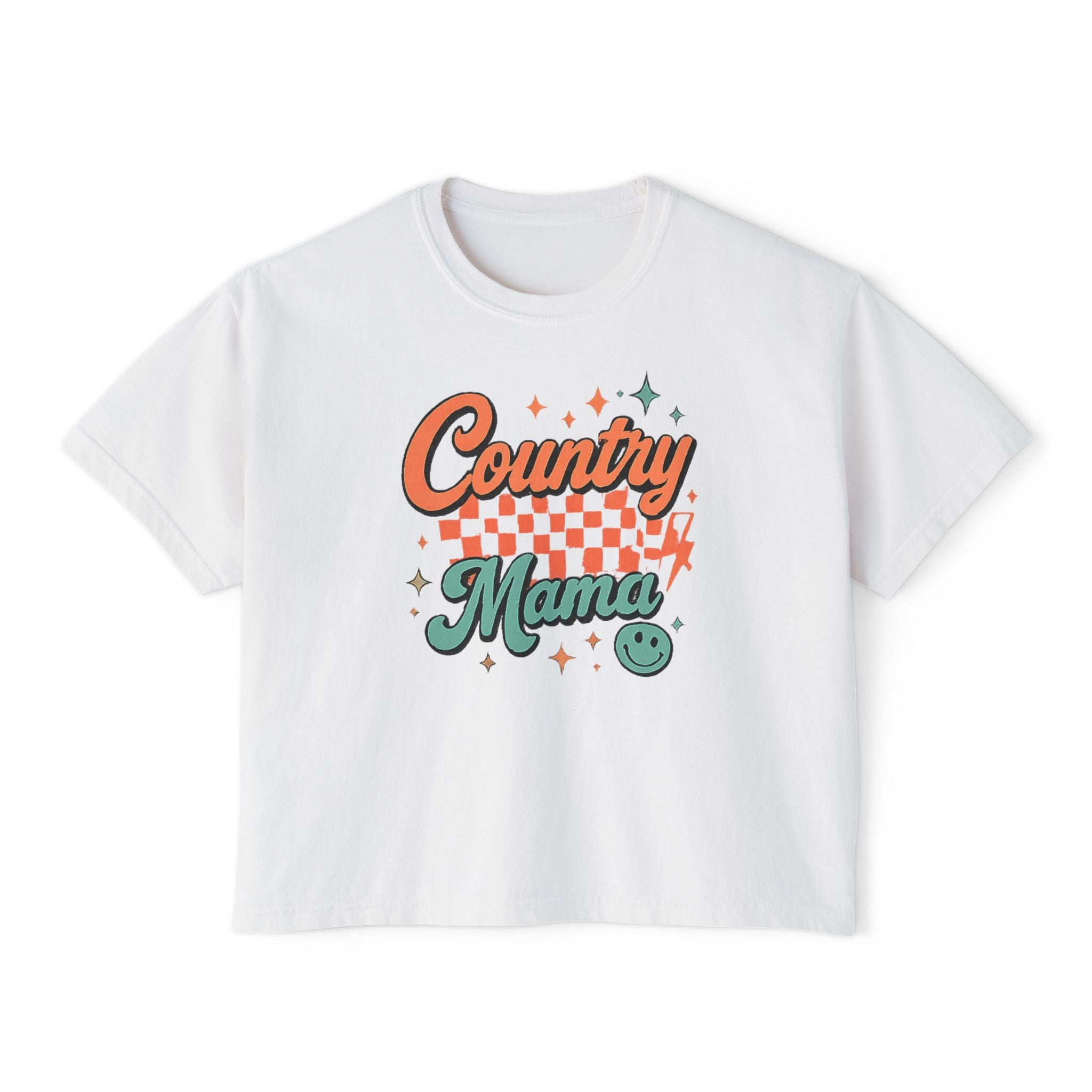 Country Mama Women's Boxy Tee — Retro Checker Smile Graphic