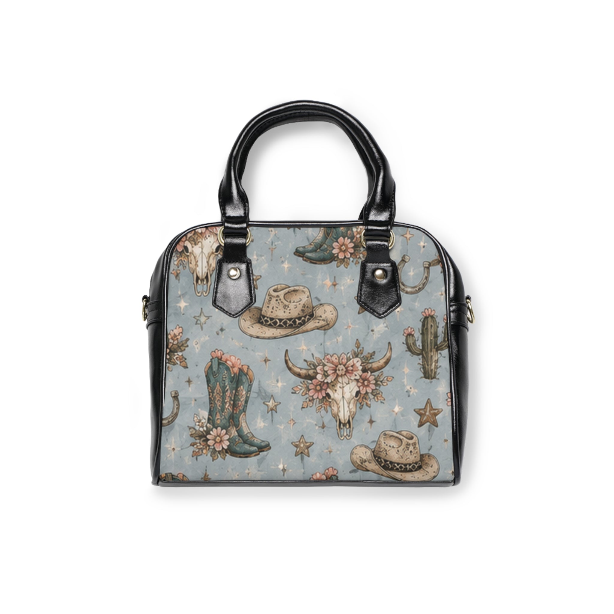 Western Cowgirl Shoulder Handbag — Floral Boots, Cowboy Hat & Skull Print