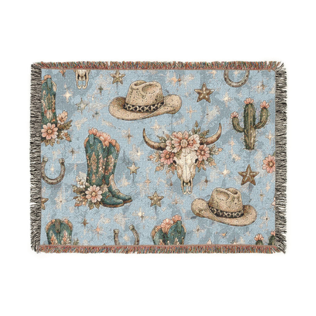 Cowboy Western Woven Blanket – Southwestern Boots, Cactus & Skull Throw
