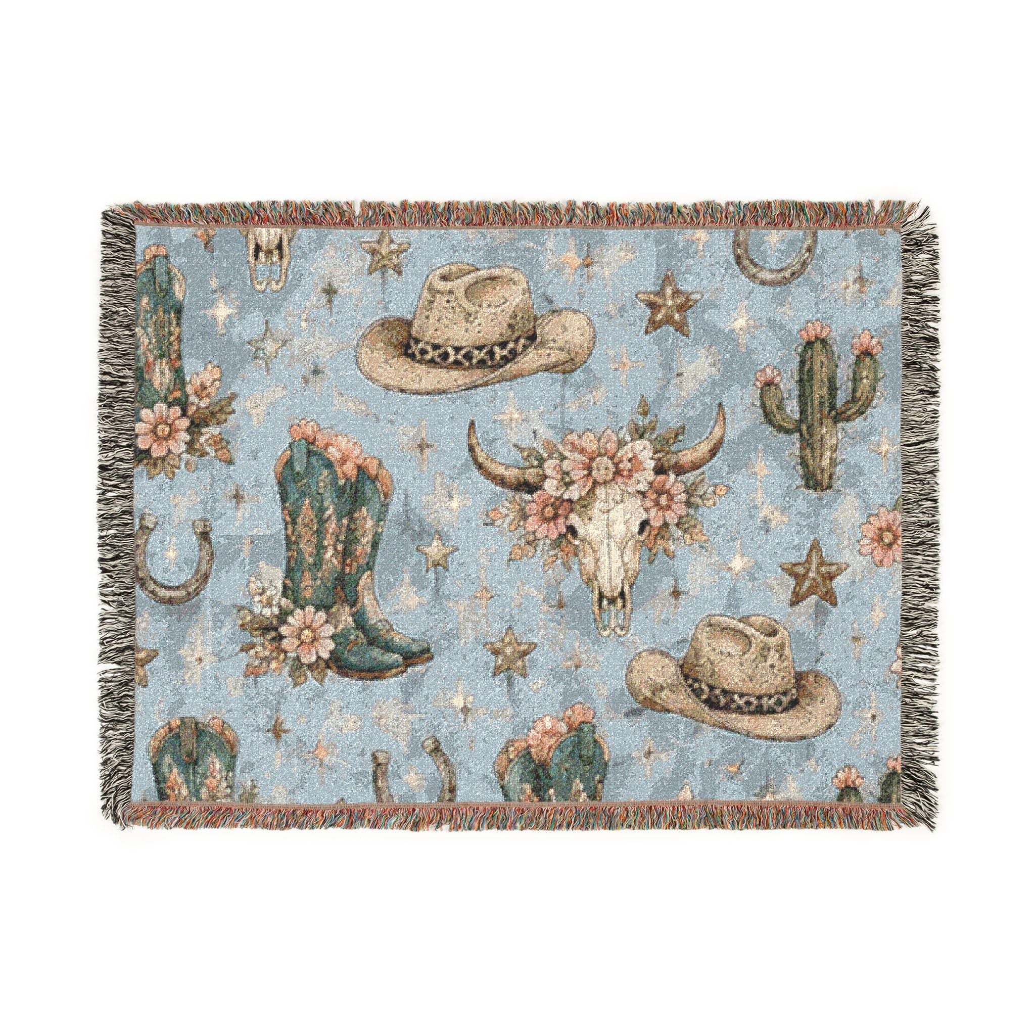 Cowboy Western Woven Blanket – Southwestern Boots, Cactus & Skull Throw