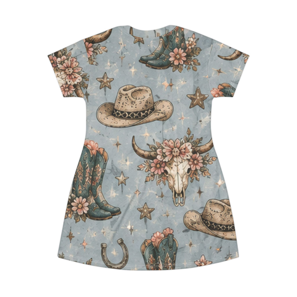 Cowgirl Western T‑Shirt Dress — Floral Bull Skull & Cowboy Hat All‑Over Print