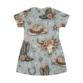 Cowgirl Western T‑Shirt Dress — Floral Bull Skull & Cowboy Hat All‑Over Print