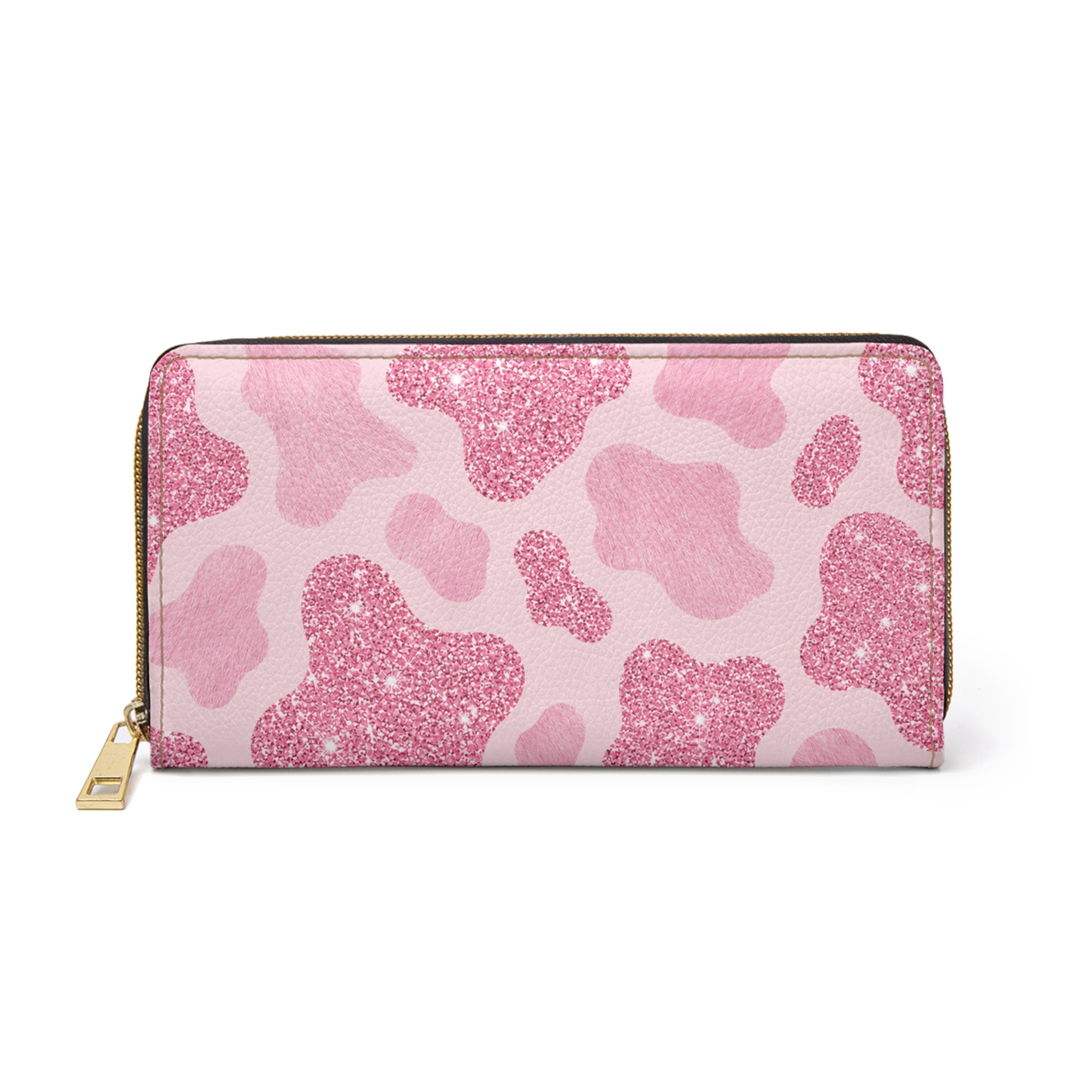 Pink Glitter Cow Print Zipper Wallet — Sparkly Vegan Leather Card & Cash Organizer