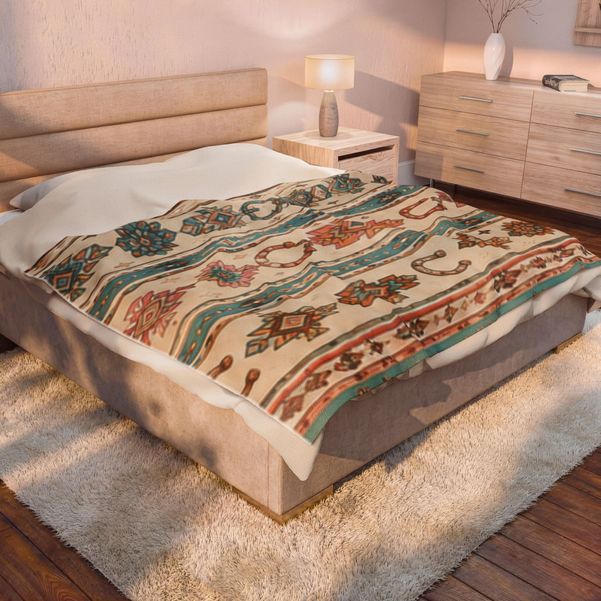 Southwestern Horseshoe Velveteen Plush Blanket – Boho Aztec Throw