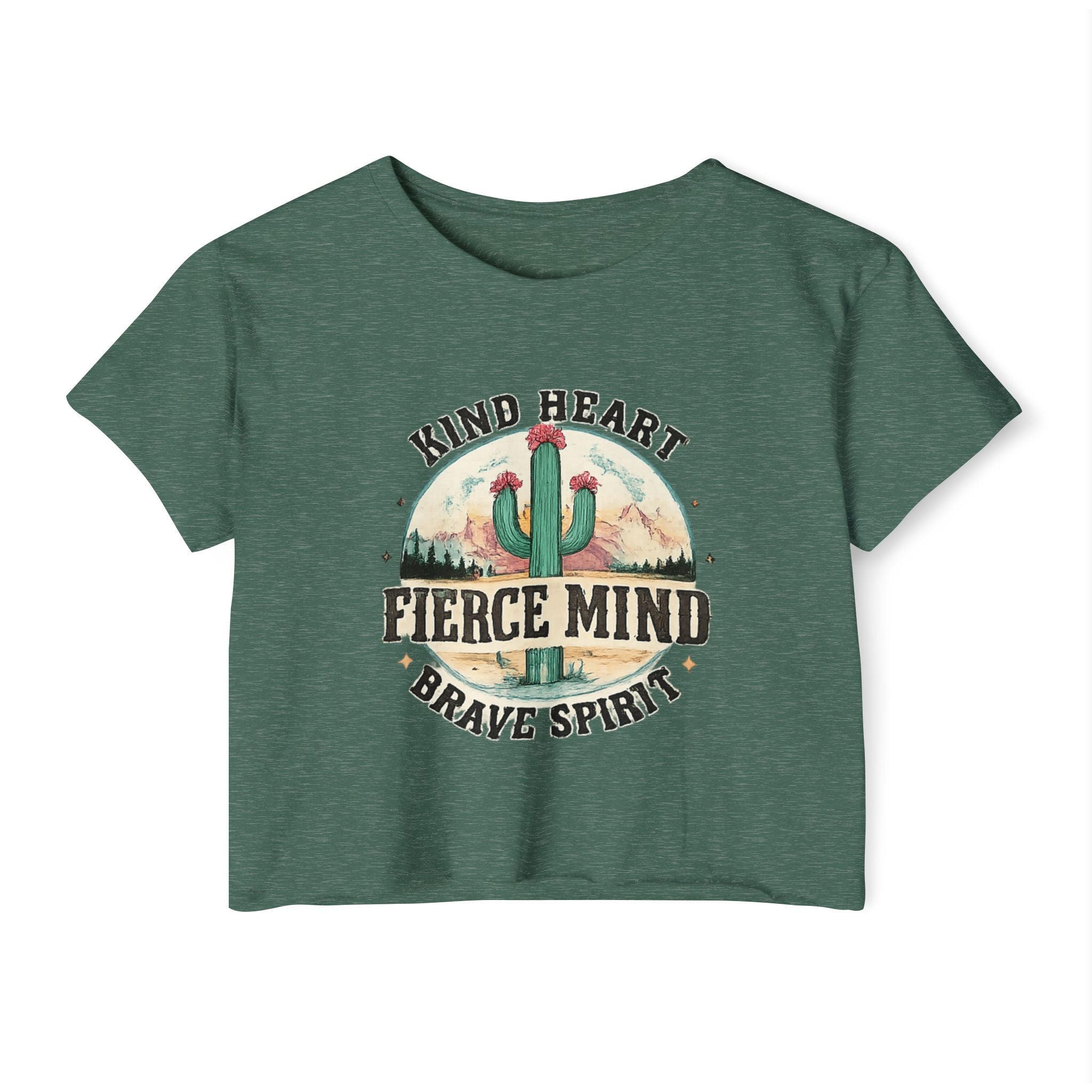 Women's Festival Crop Top — "Kind Heart, Fierce Mind" Cactus Graphic Crop Tee
