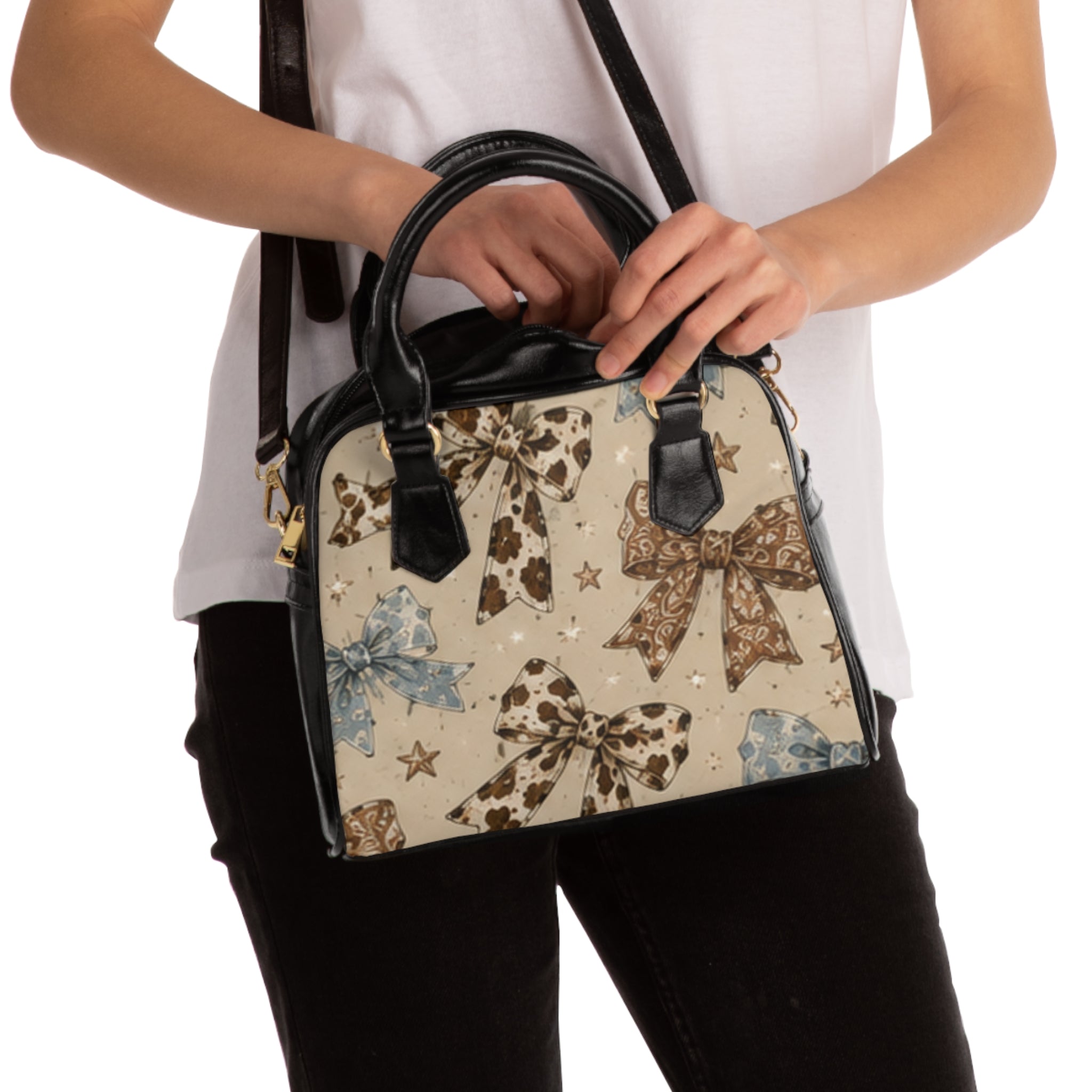 Bow Print Shoulder Handbag — Vintage Floral Ribbon Pattern Purse