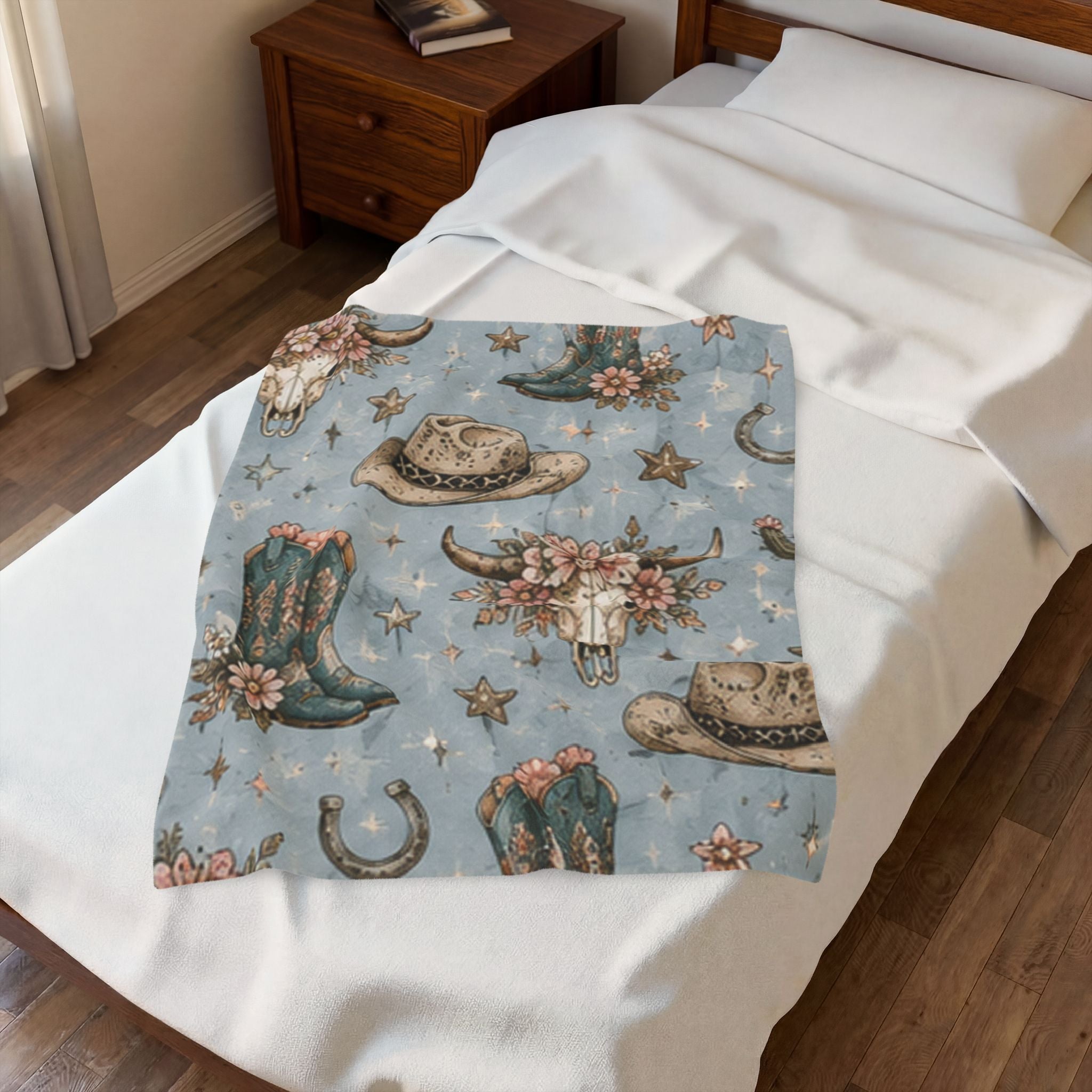 Western Floral Cow Skull Velveteen Plush Blanket — Cowboy Hat & Boots Pattern
