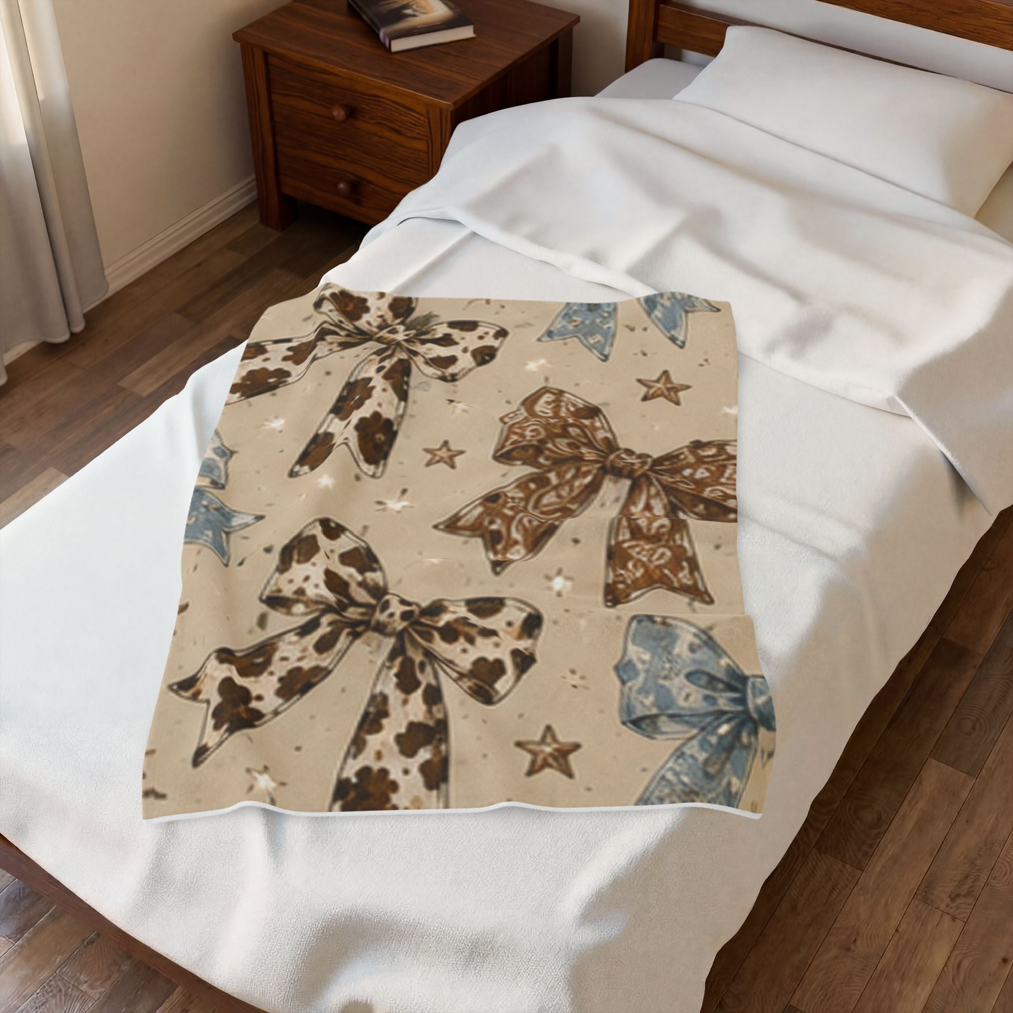 Cowgirl Bow Velveteen Plush Blanket — Western Cowhide Bow Pattern Throw