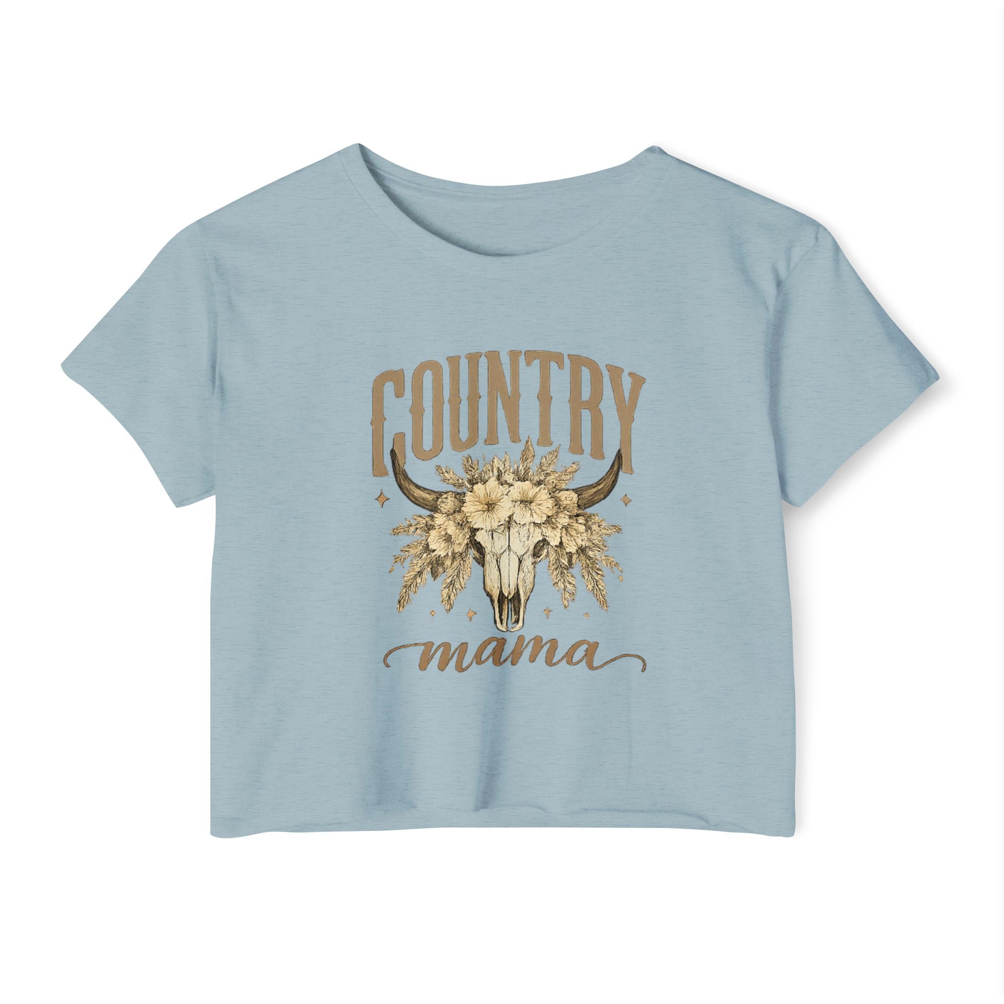 Country Mama Crop Top — Floral Bull Skull Festival Tee for Moms
