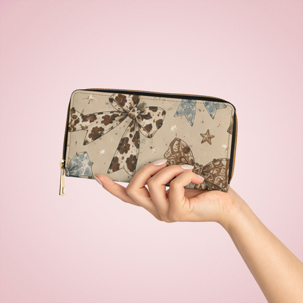 Bow Pattern Zipper Wallet — Neutral Leopard & Polka Dot Bows