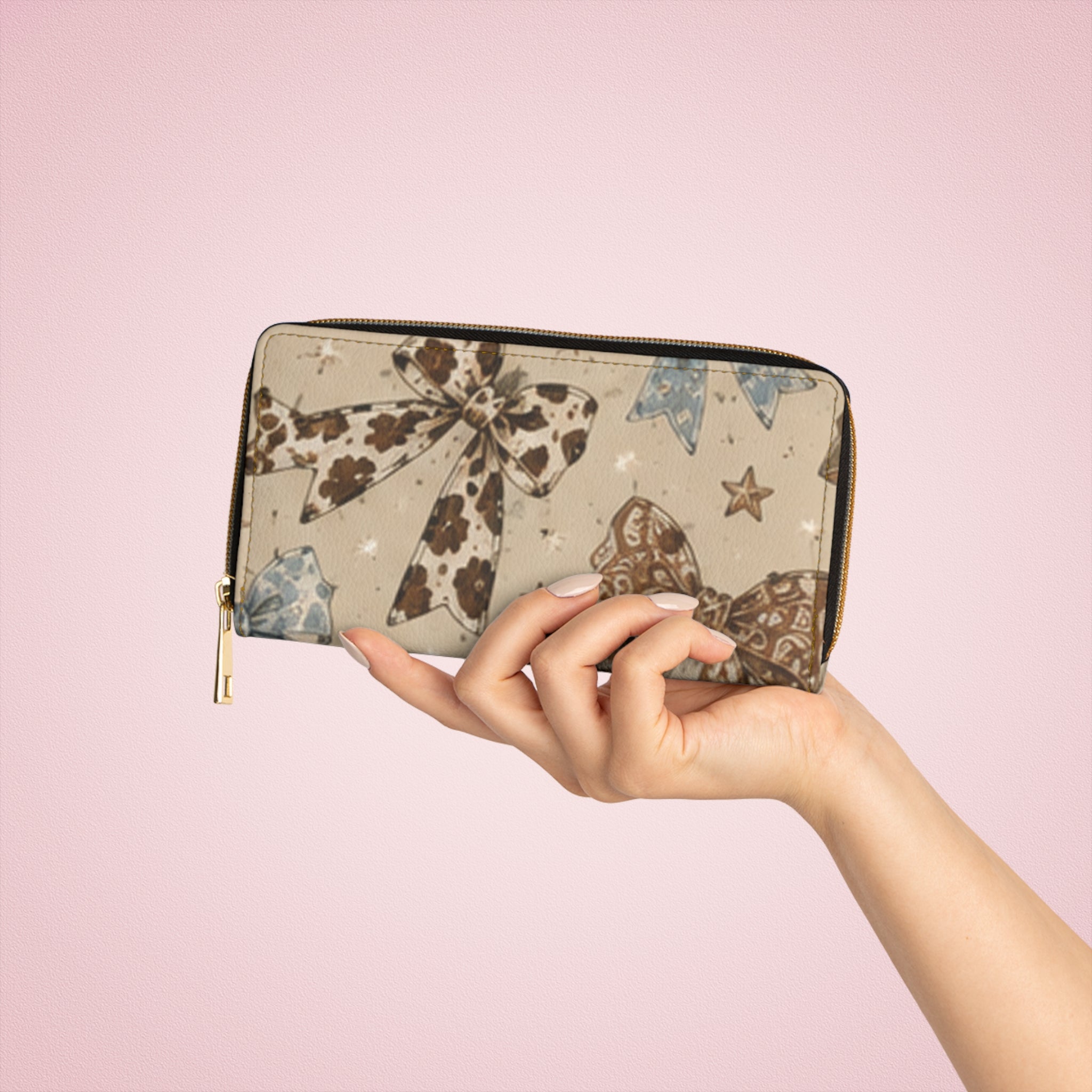 Bow Pattern Zipper Wallet — Neutral Leopard & Polka Dot Bows