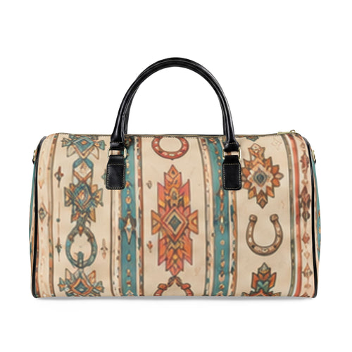 Boho Western Duffle Bag - Faux Leather Travel Bag with Aztec & Horseshoe Print