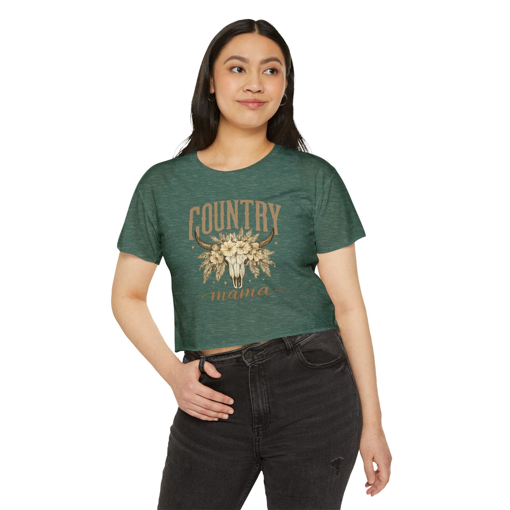 Country Mama Crop Top — Floral Bull Skull Festival Tee for Moms