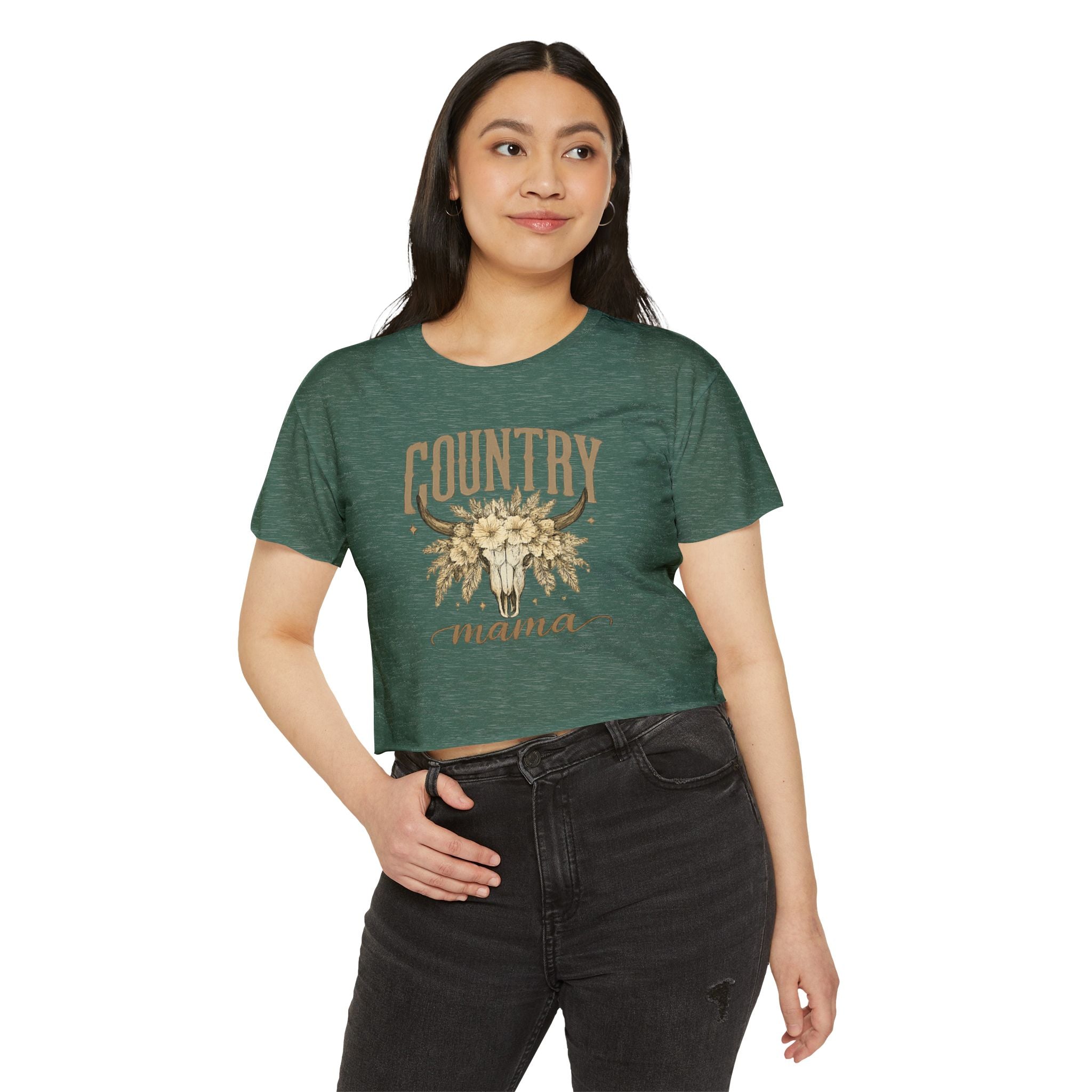 Country Mama Crop Top — Floral Bull Skull Festival Tee for Moms