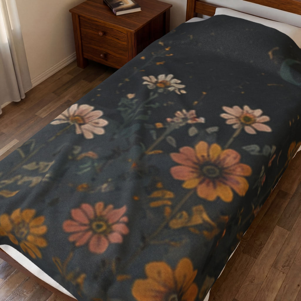 Velveteen Plush Blanket — Midnight Wildflower Throw (Boho Floral Moon)