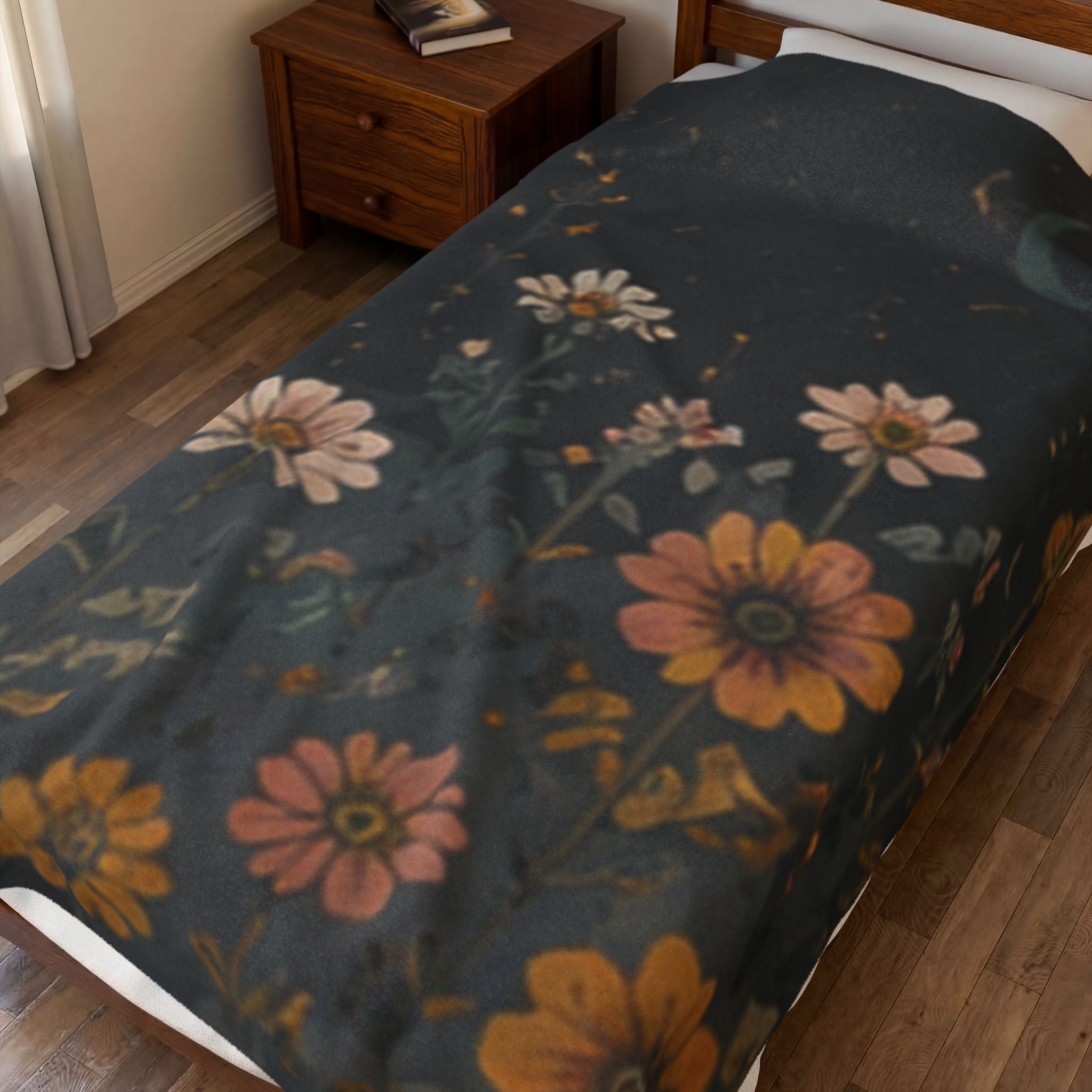 Velveteen Plush Blanket — Midnight Wildflower Throw (Boho Floral Moon)