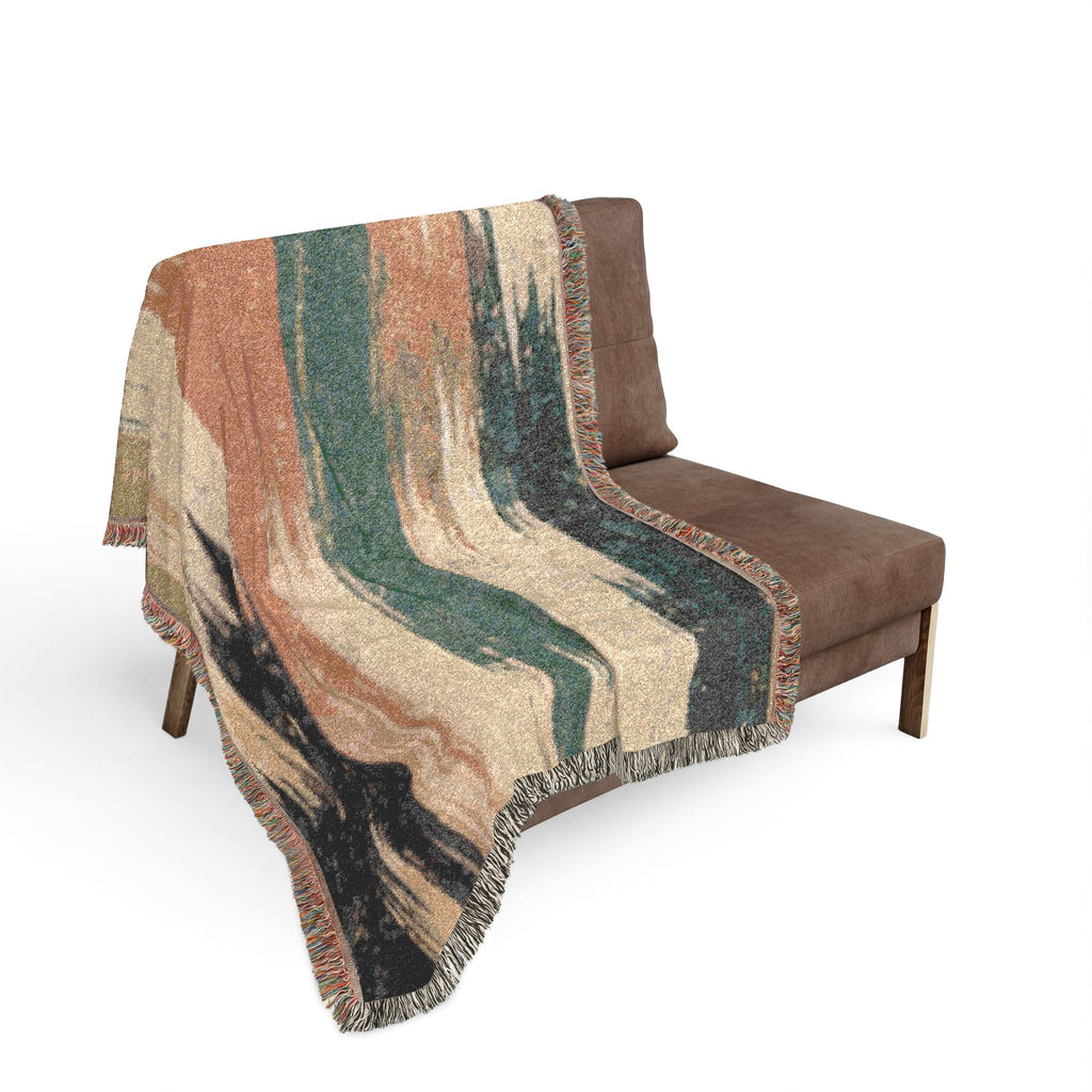Woven Throw Blanket — Abstract Striped Rustic Teal & Rust Home Decor