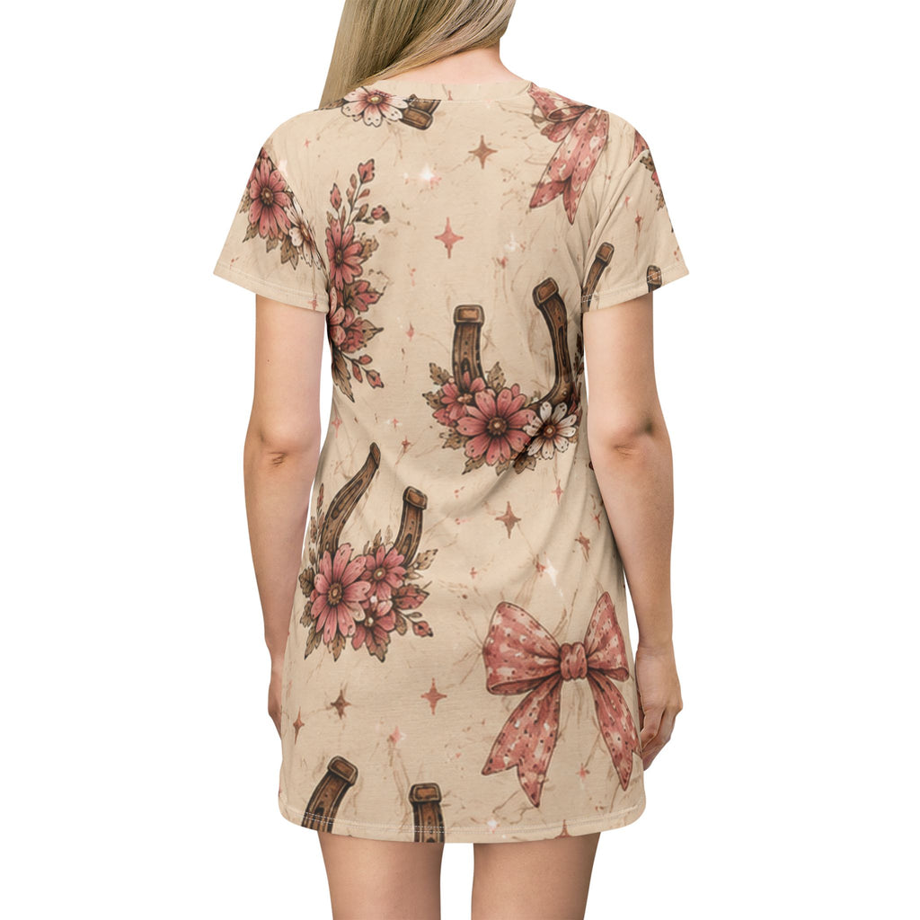 Floral Horseshoe T‑Shirt Dress – Vintage Cowgirl Bow Print