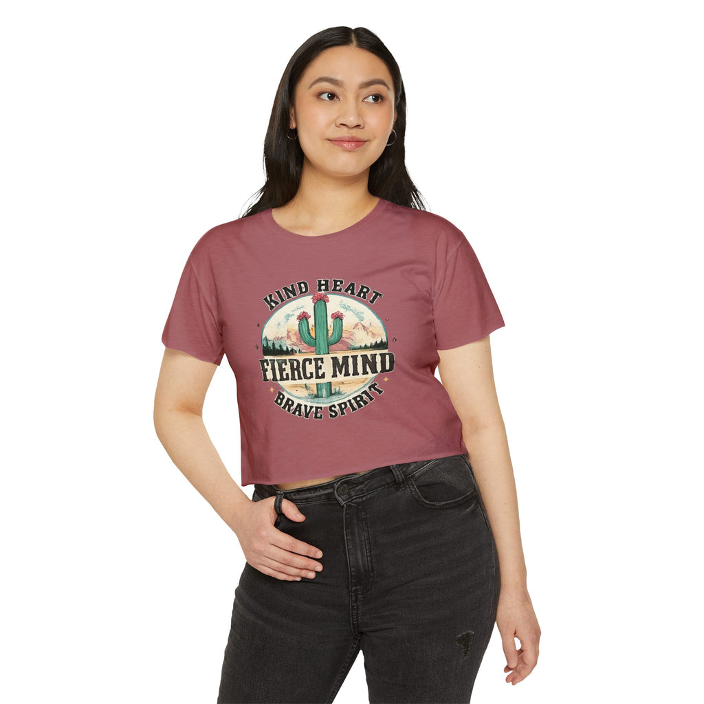 Women's Festival Crop Top — "Kind Heart, Fierce Mind" Cactus Graphic Crop Tee
