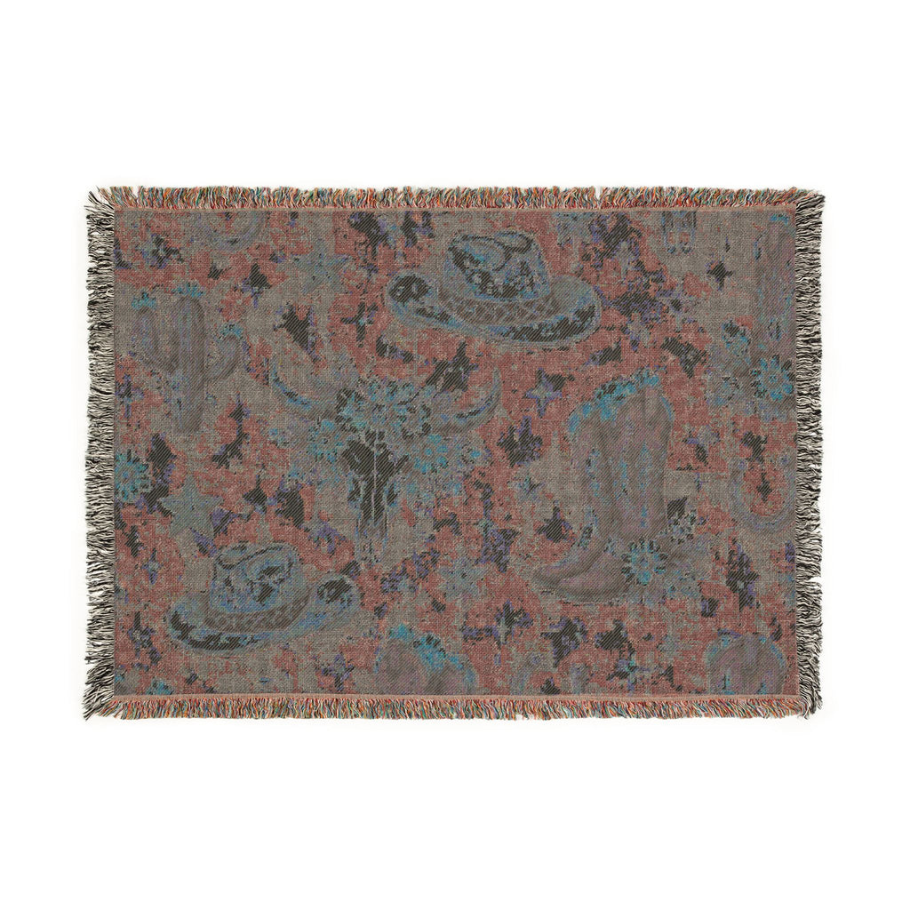 Cowboy Western Woven Blanket – Southwestern Boots, Cactus & Skull Throw