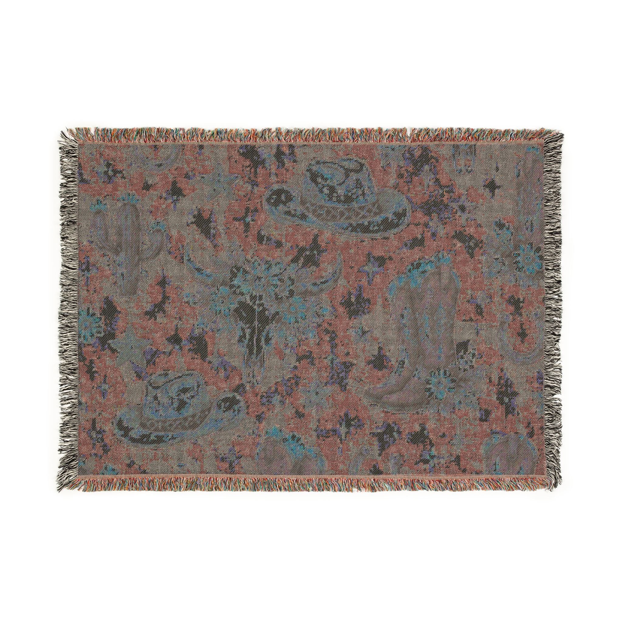 Cowboy Western Woven Blanket – Southwestern Boots, Cactus & Skull Throw