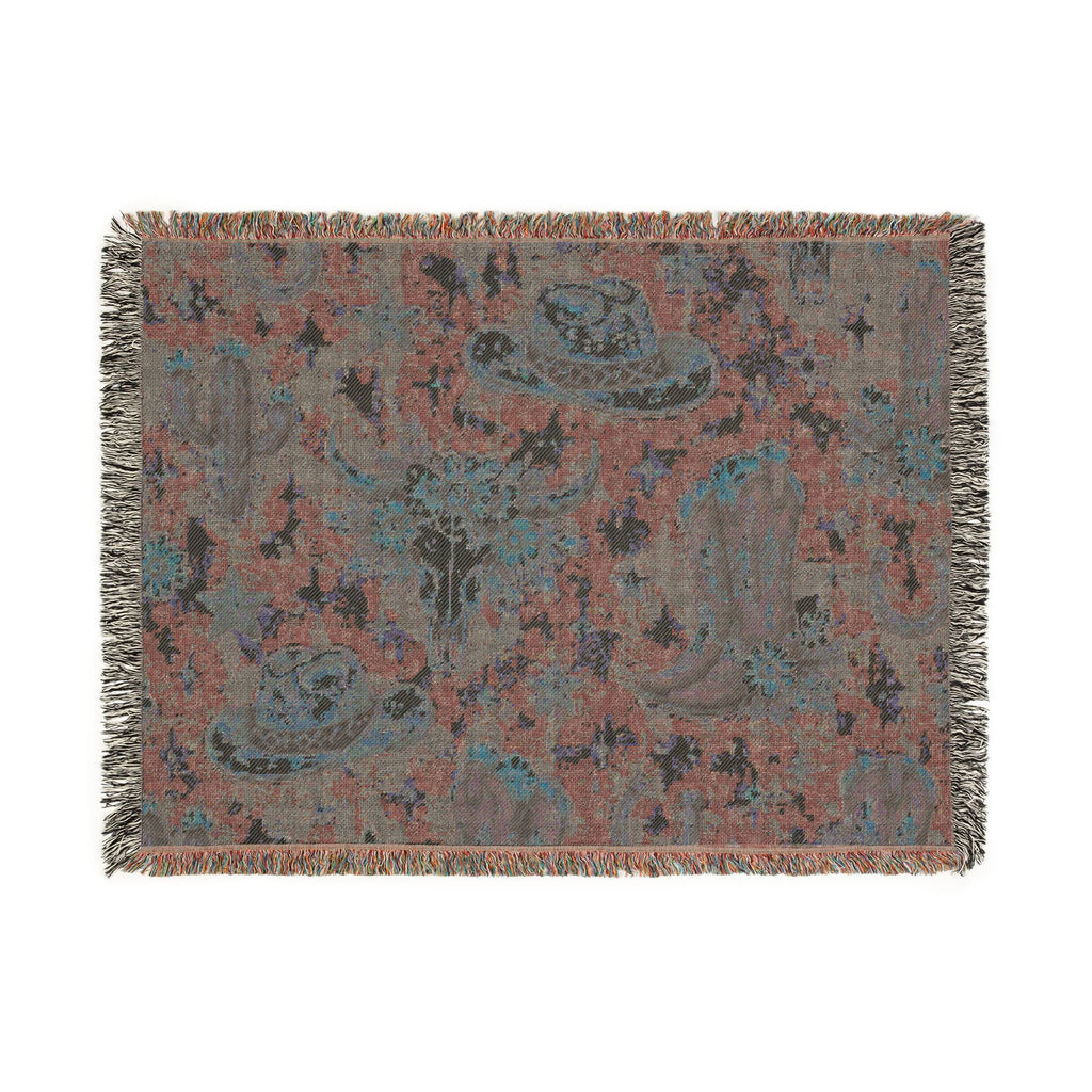 Cowboy Western Woven Blanket – Southwestern Boots, Cactus & Skull Throw