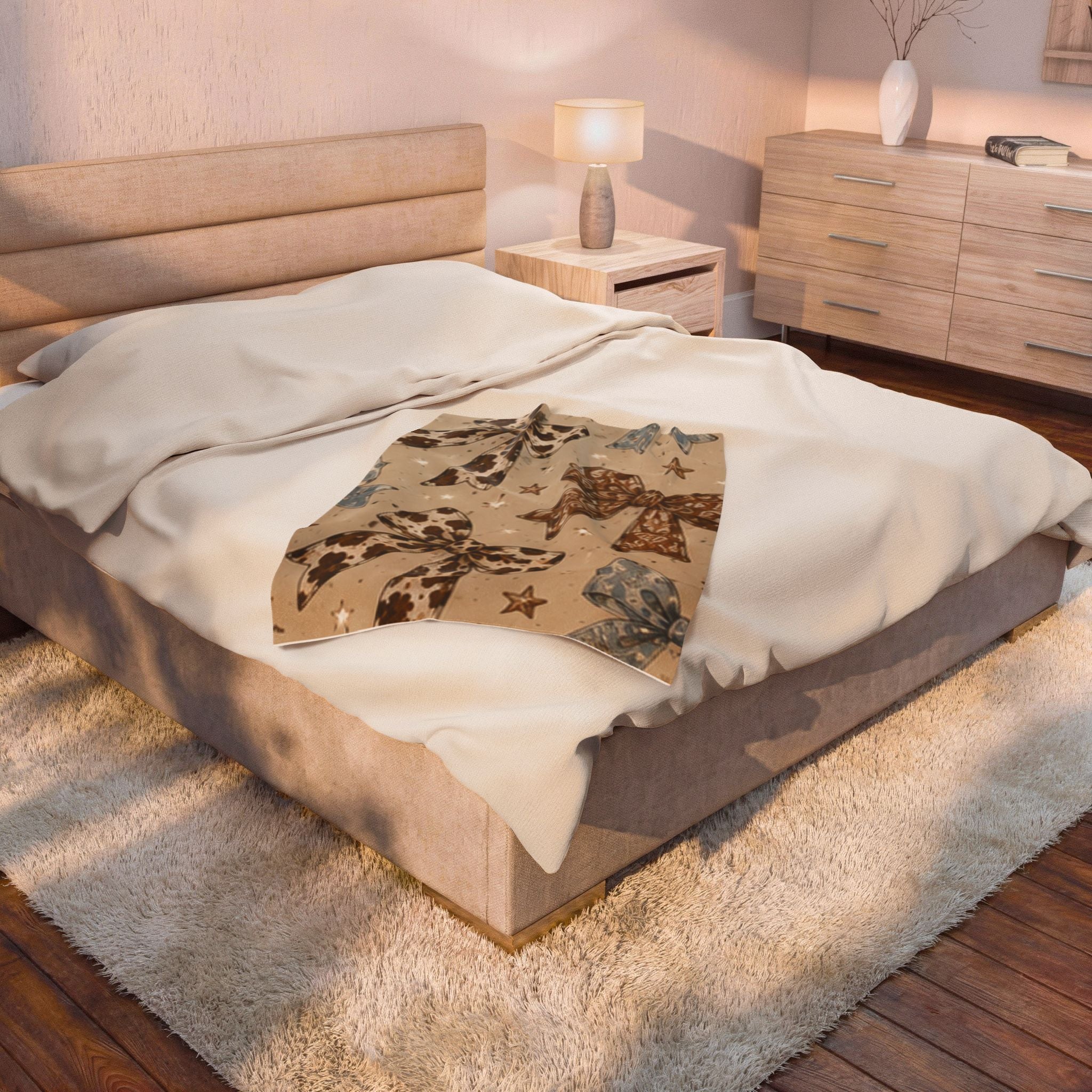 Cowgirl Bow Velveteen Plush Blanket — Western Cowhide Bow Pattern Throw