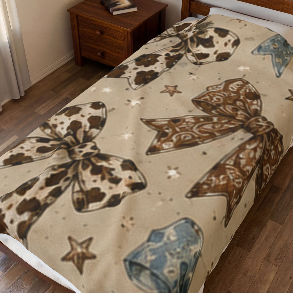 Cowgirl Bow Velveteen Plush Blanket — Western Cowhide Bow Pattern Throw