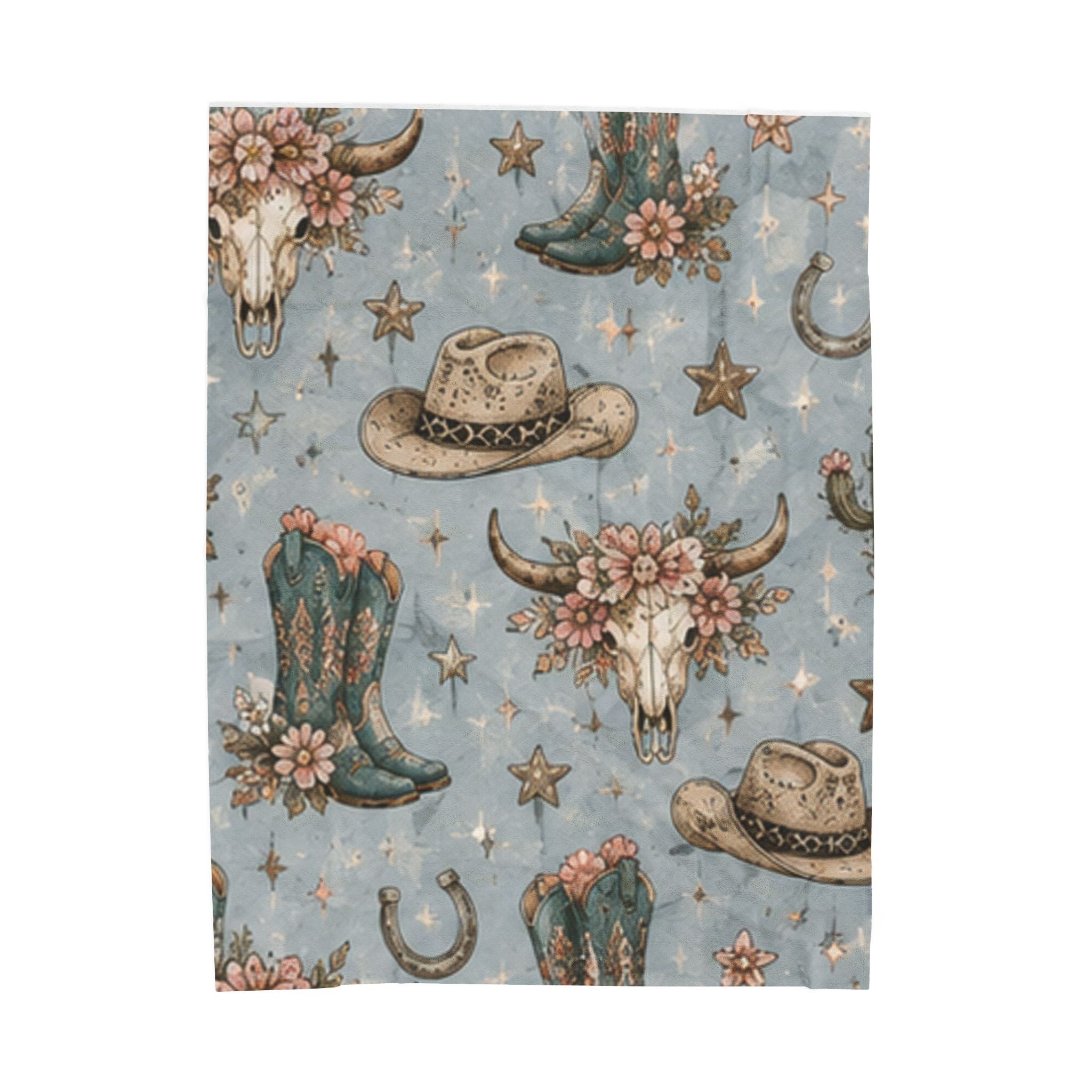 Western Floral Cow Skull Velveteen Plush Blanket — Cowboy Hat & Boots Pattern