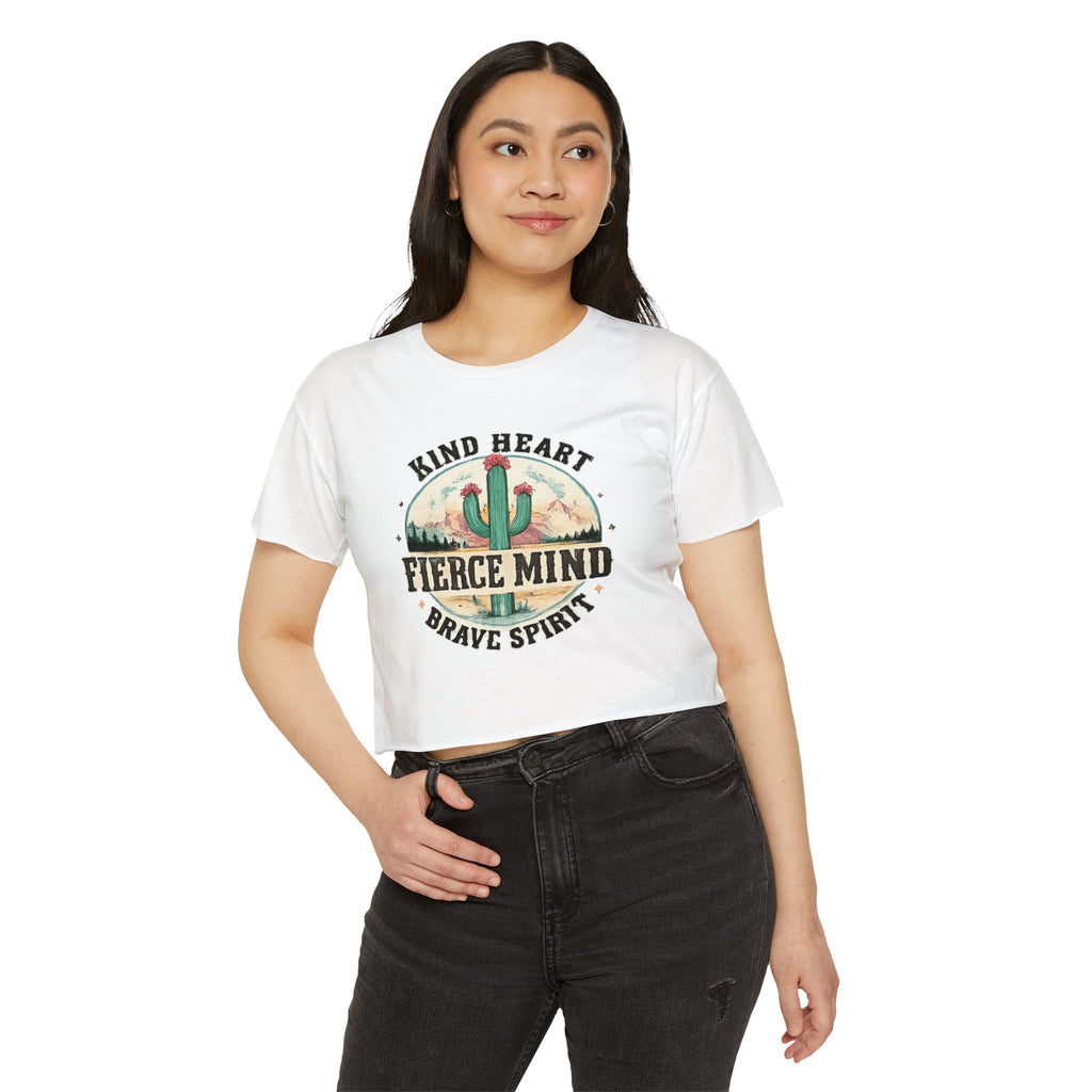 Women's Festival Crop Top — "Kind Heart, Fierce Mind" Cactus Graphic Crop Tee
