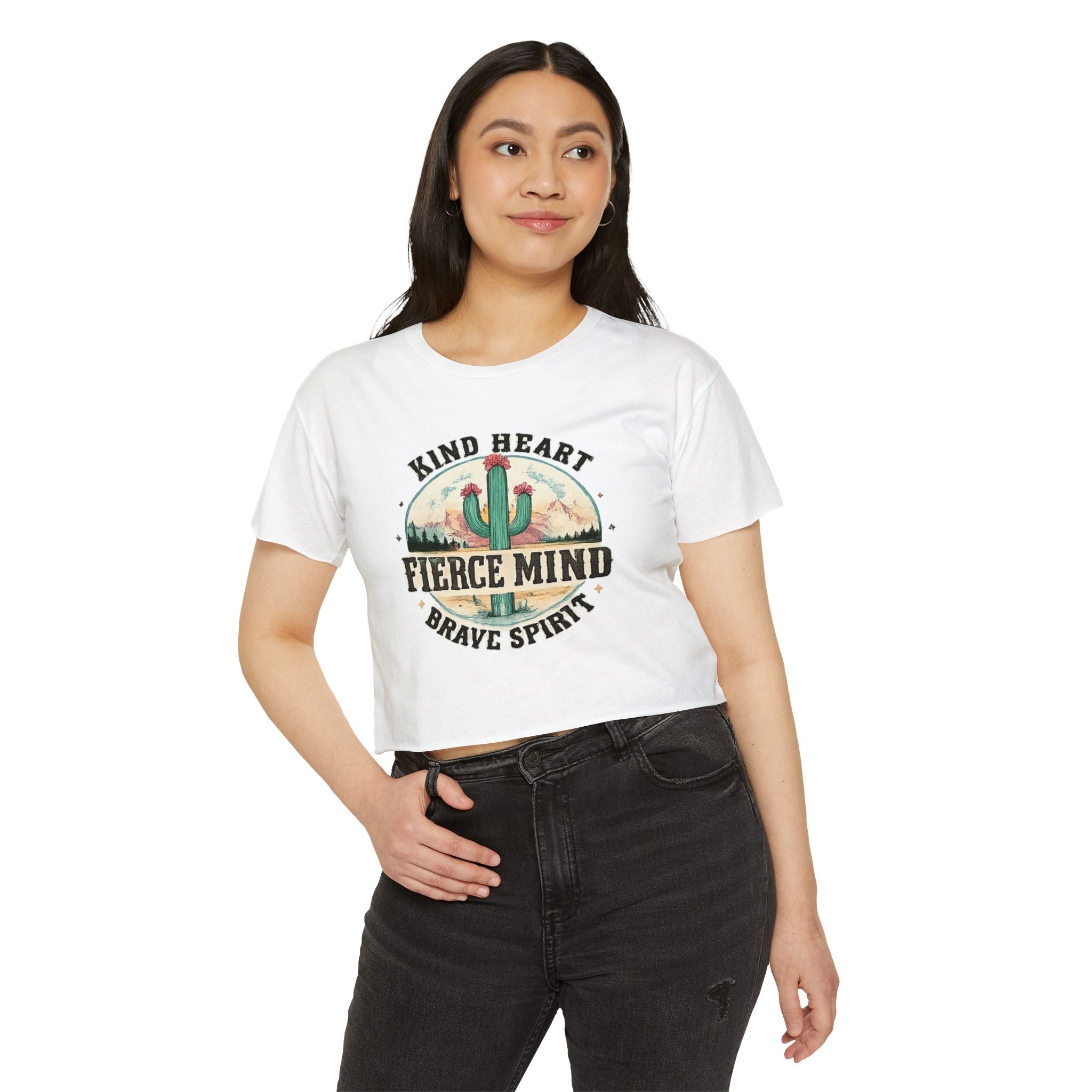 Women's Festival Crop Top — "Kind Heart, Fierce Mind" Cactus Graphic Crop Tee