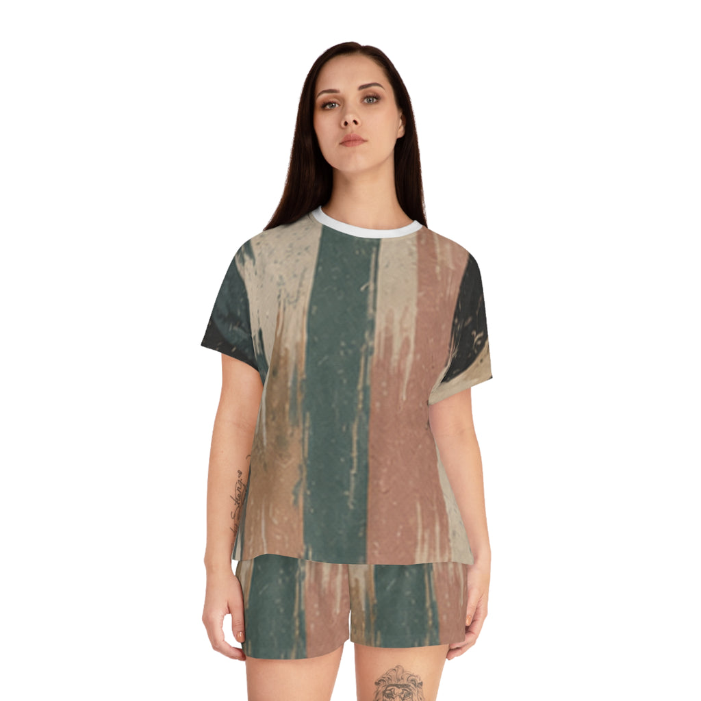 Women's Stripe Brushstroke Pajama Set — Cozy Vintage Lounge Shorts & Tee