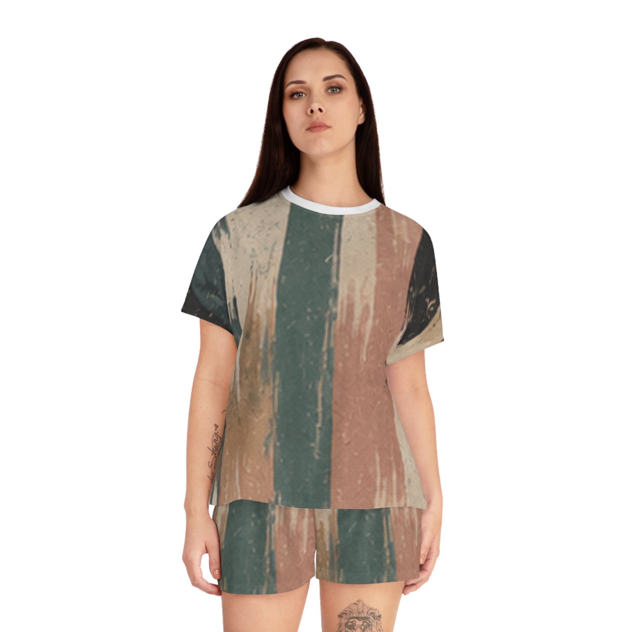 Women's Stripe Brushstroke Pajama Set — Cozy Vintage Lounge Shorts & Tee