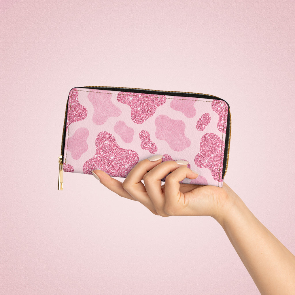 Pink Glitter Cow Print Zipper Wallet — Sparkly Vegan Leather Card & Cash Organizer