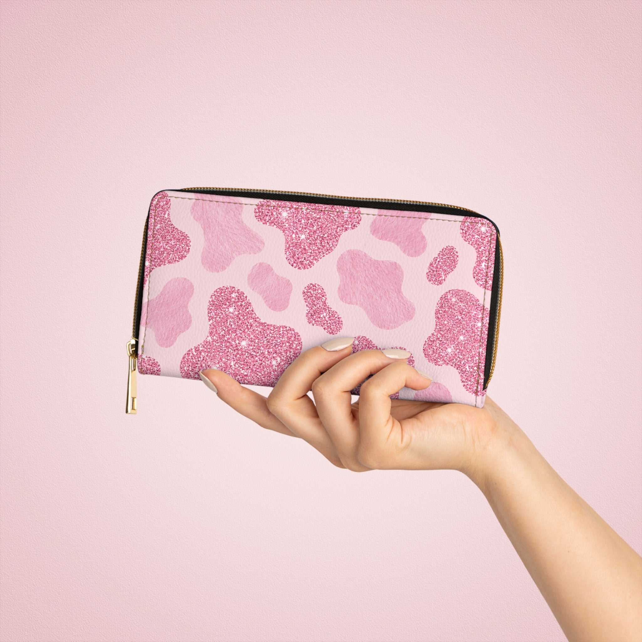Pink Glitter Cow Print Zipper Wallet — Sparkly Vegan Leather Card & Cash Organizer