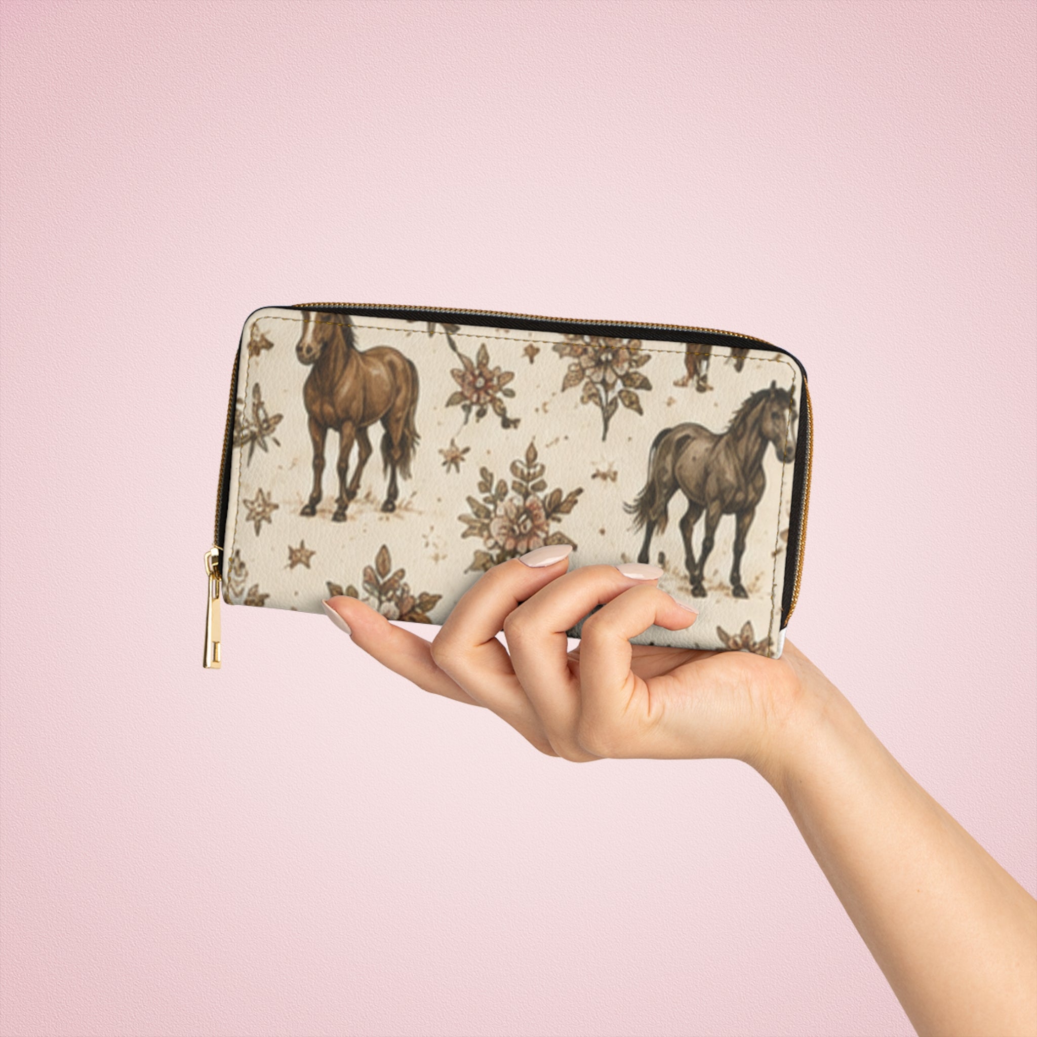 Horse Pattern Zipper Wallet — Vintage Floral Equestrian Wallet