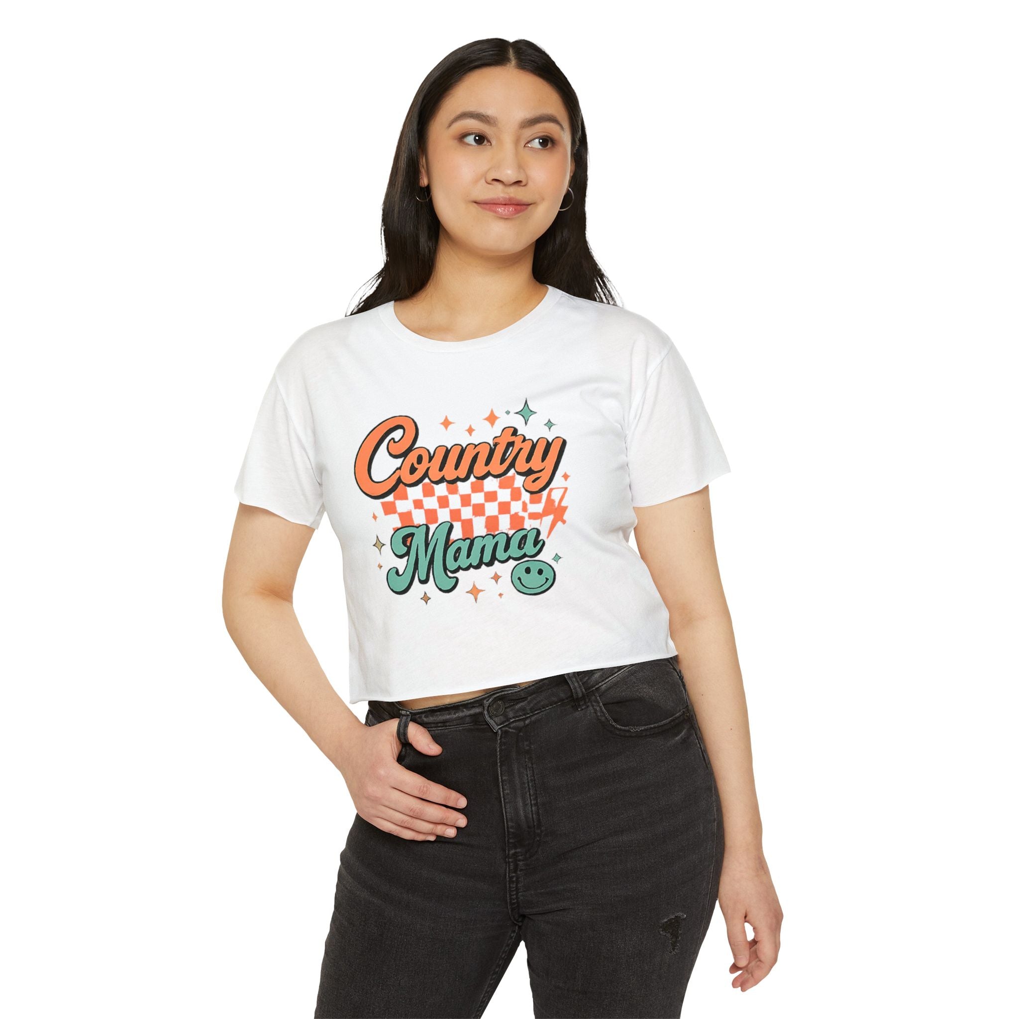 Crop Top — "Country Mama" Retro Checker Festival Tee