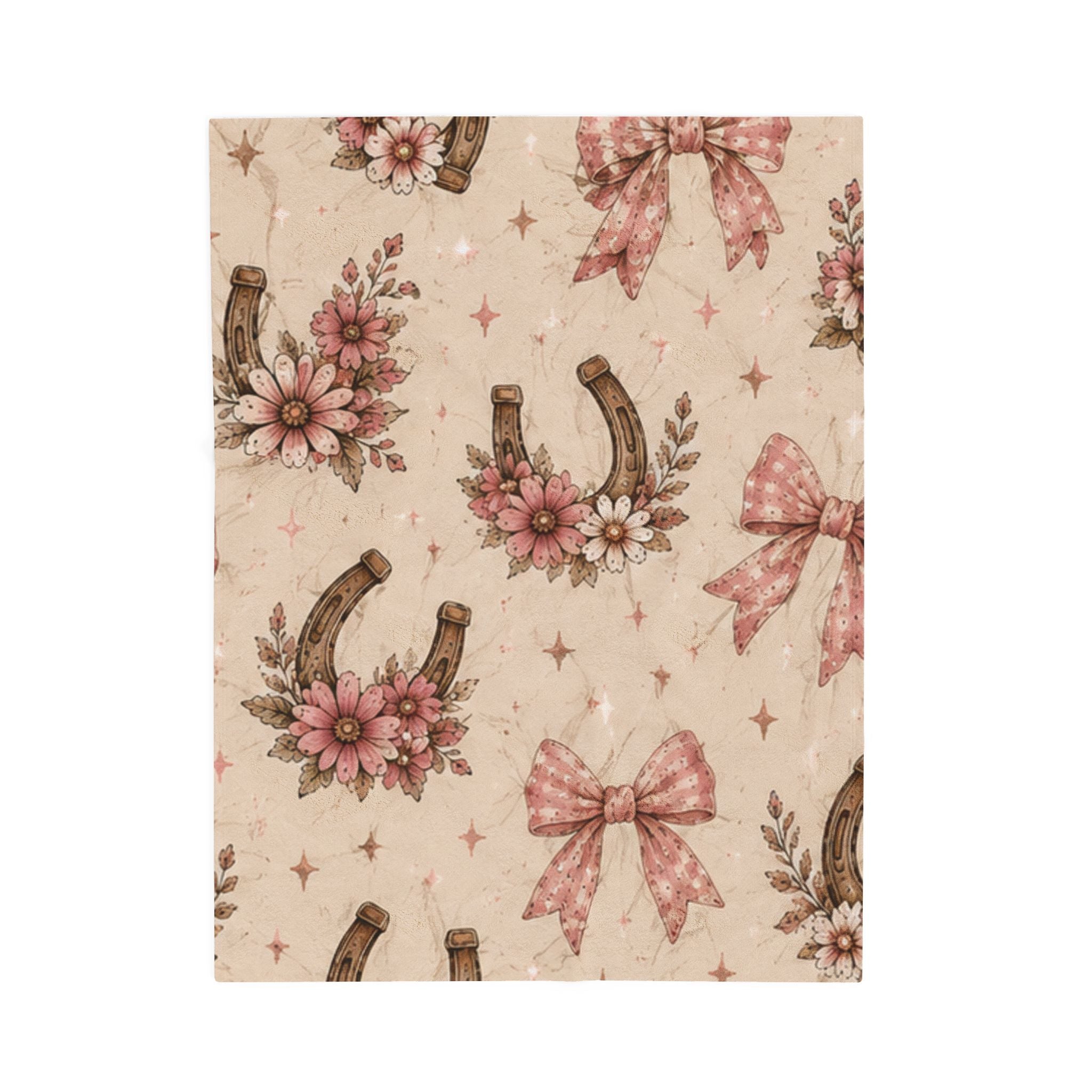 Velveteen Plush Blanket - Vintage Floral Horseshoe Throw with Pink Bows