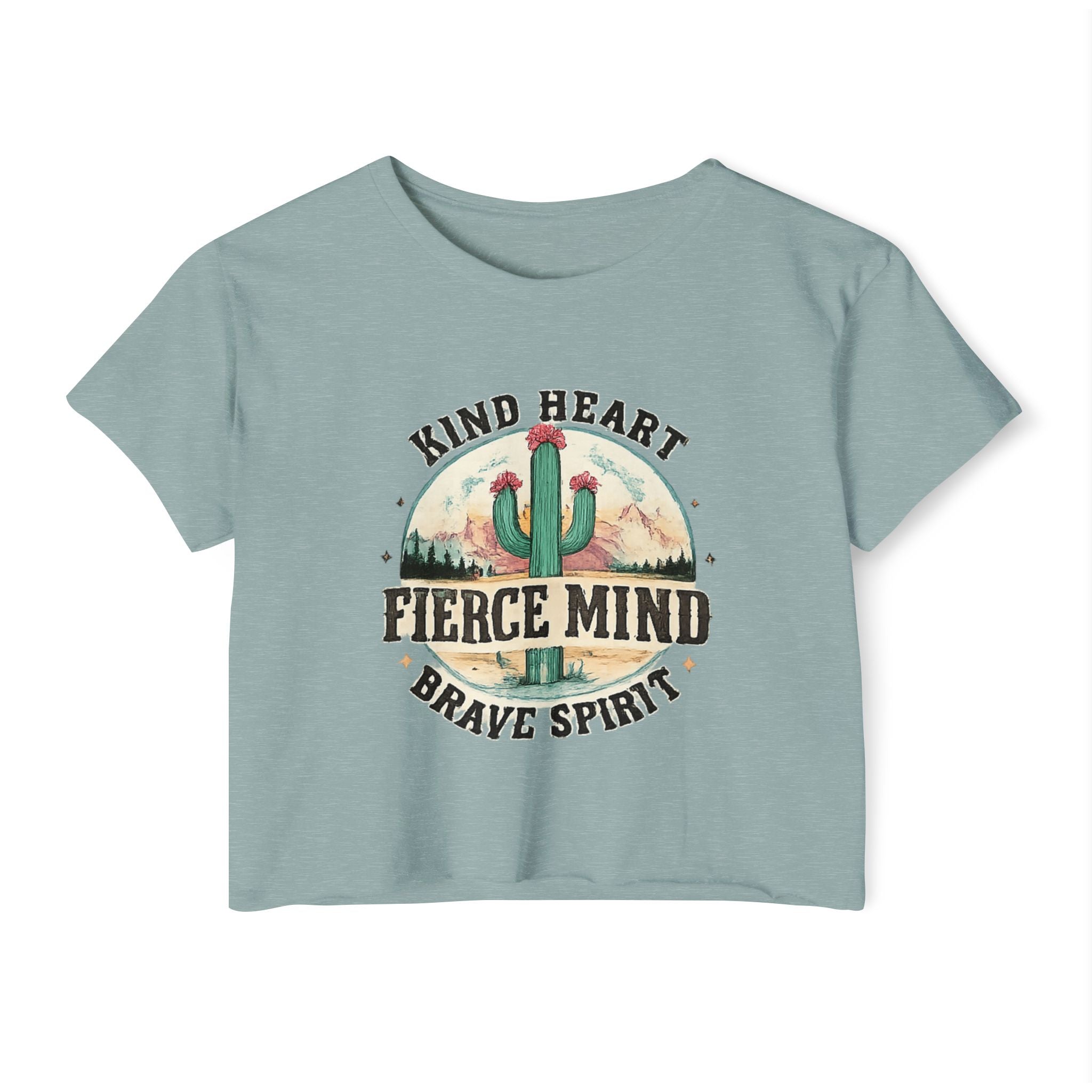 Women's Festival Crop Top — "Kind Heart, Fierce Mind" Cactus Graphic Crop Tee