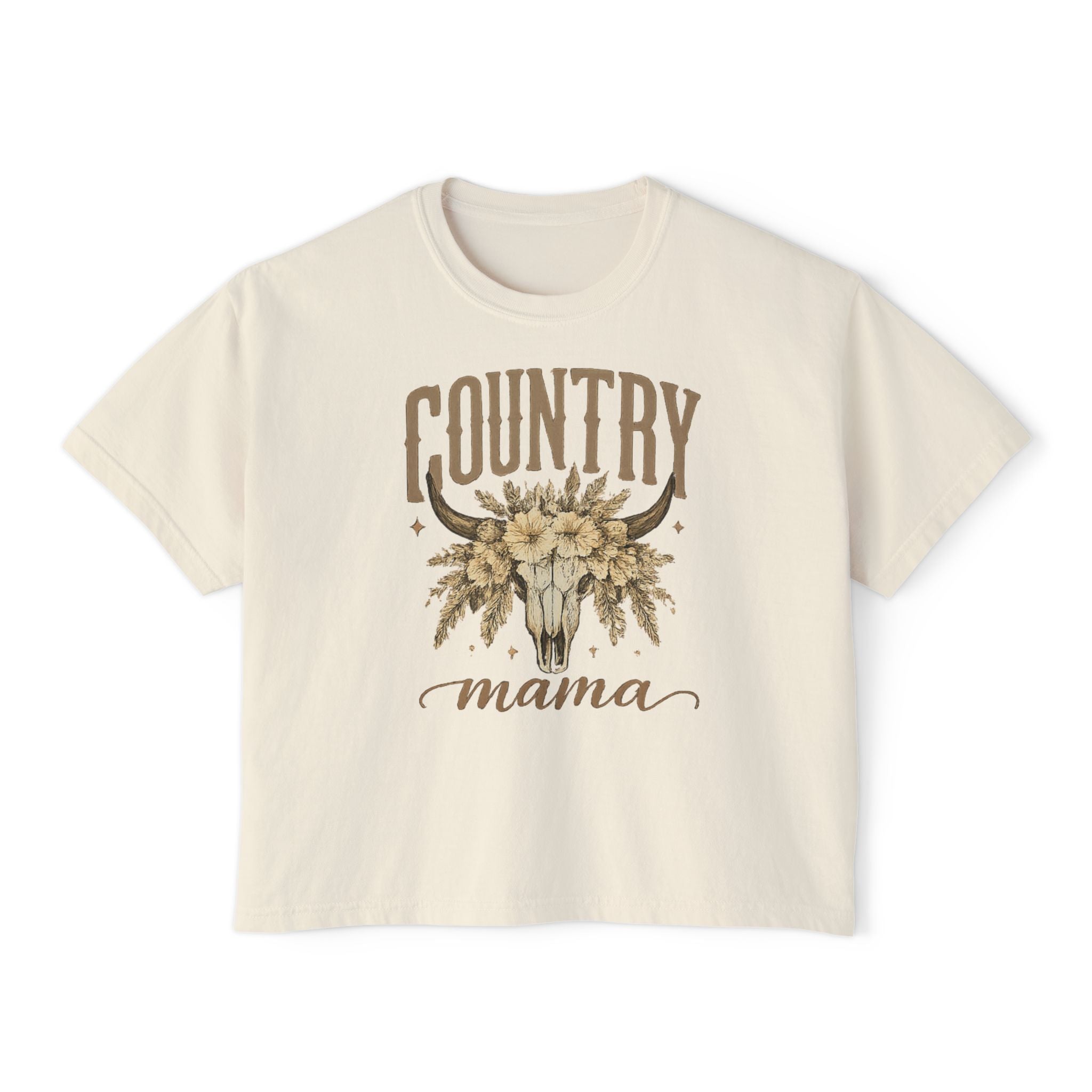 Country Mama Boxy Tee — Floral Bull Skull Graphic Tee for Moms